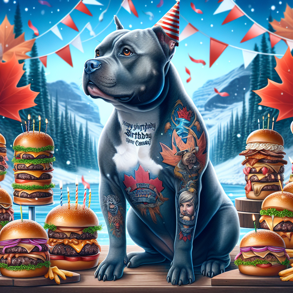 In the scene, there is a festive mood with an interesting birthday theme. The centre of attraction is a representative drawing of a blue Staffordshire Bull Terrier who sits gracefully, embossed with modest tattoos encapsulating the spirit of heavy metal music. The backdrop subtly merges elements of Canadian culture, featuring Maple leaves dancing in a snowy landscape. Surrounding the dog, a variety of grand burgers laden with lavish toppings lay neatly arranged as if in celebration, enticing the guests with their mouth-watering details.
Generated with these themes: Blue Staffordshire bull terrier, Heavy metal, Tatoos, Mega burgers, and Canada.
Made with ❤️ by AI.