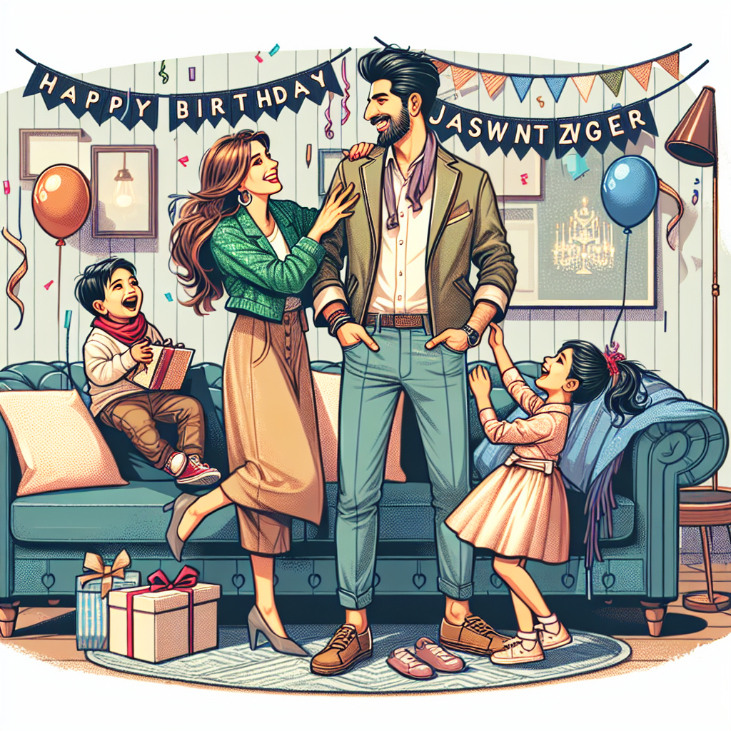 Create a whimsical birthday scene illustrating a contemporary South Asian family. Depict a fashionable man, his wife, and their two adorable children celebrating in their cozy, festively decorated living room. There should be balloons, streamers, and a banner displaying 'Happy Birthday Jaswant Zwager', adding to the party ambiance. The family should be engaged in a state of joyous laughter, the father playfully lifting his youngest child into the air while the other child eagerly unwraps a gift.
Generated with these themes: A modern  guy with his wife and two kids having party ,and Happy Birthday Jaswant Zwager.
Made with ❤️ by AI.