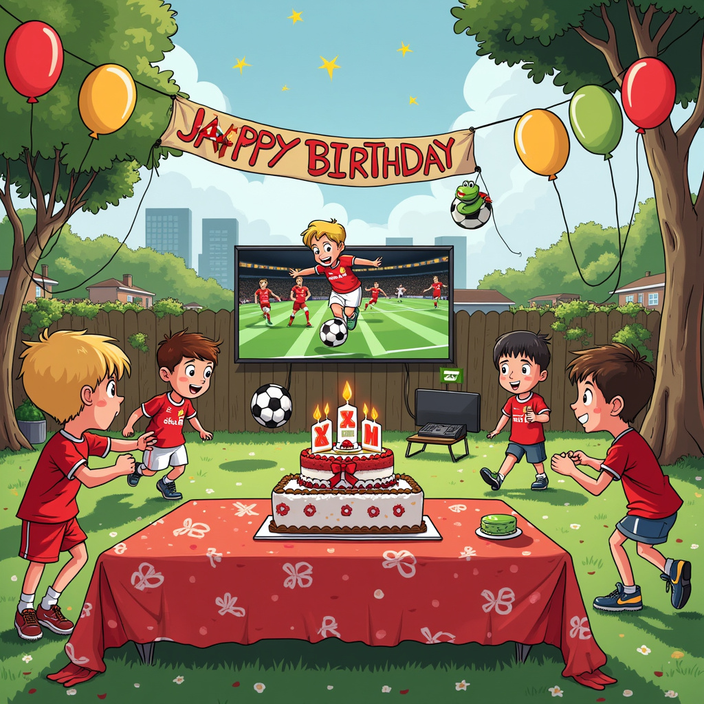 Picture a bustling cartoonish birthday party set in an expansive backyard, full of quirky, lively details and vibrant colors. At the center of the scene, a Liverpool FC-themed birthday cake, complete with a tiny replica of the Anfield stadium on top, sits proudly on a picnic table. The tablecloth is an homage to the iconic red and white Liverpool colors and patterns.

Around the table, a group of friends is playing football, but with a twist: the football is shaped like an Xbox controller. The kids, each wearing a mix of Liverpool jerseys and geeky T-shirts emblazoned with Python code snippets, are joyfully chasing this peculiar ball. One child, in a classic Calvin and Hobbes-style exaggerated motion, is in mid-air trying to score a goal. The goalposts themselves are made from large green pythons (the snake kind) who seem quite content holding up the net.

In the background, an Xbox console sits connected to a giant outdoor screen hanging from a tree. The screen shows a pixelated animation of Liverpool players, rendered in a retro, 8-bit gaming style, celebrating a goal in a virtual match. Nearby, some kids are engrossed in playing a Python-coded soccer game on the Xbox, their faces lit up with excitement and concentration.

To the side, a life-sized statue of Liverpool’s iconic manager, Jürgen Klopp, stands with an exaggerated cartoon smile, holding a birthday card. The card features a doodle of a Python snake wrapped around a football, both wearing tiny Liverpool scarves.

Above the whole scene, a whimsical banner made up of Python snakes spelling out “Happy Birthday!” flutters in the wind, each snake's expression varying from mischievous to joyous, adding a playful touch to the lively celebration.

Every inch of the scene is packed with vibrant details, from the balloons shaped like footballs to the kids' expressions and the dynamic action of the game. This birthday bash is a quirky, joyous mash-up of football, Python programming, and video gaming, perfect for any Liverpool and tech enthusiast!
Generated with these themes: Liverpool fc, Football, Python, and Xbox.
Made with ❤️ by AI.
