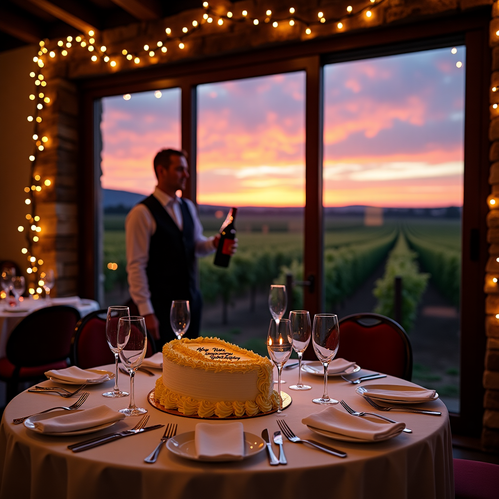 In the photograph, imagine an elegant, dimly-lit restaurant nestled by the edge of a vineyard, its walls adorned with rustic wooden beams and soft, vintage fairy lights casting a warm glow. In the foreground, a finely-set table features a crisp, white linen tablecloth, atop which rests a beautiful cake, perfectly sculpted in the shape of a wine bottle. The label on the cake reads, in swirling golden icing, "Happy 76th Birthday Julie." Beside the cake, an assortment of wine glasses gleam softly, their contents reflecting the flickering light of the small candle centerpiece. Behind the table, large picture windows reveal the expansive vineyard, where the sun sets in an explosion of colors - purples, oranges, and pinks. The sky is painted with streaks of clouds that subtly form the words "Happy 76th Birthday Julie," as if nature itself is joining in the celebration. In the background, a waiter in a classic white shirt and black waistcoat stands with a bottle of vintage red wine poised for a toast. The entire scene is a harmonious blend of celebration and nature, elegantly encapsulating Julie's love for fine dining and exquisite wines.
Generated with these themes: Restaurant with Wine.
Made with ❤️ by AI.