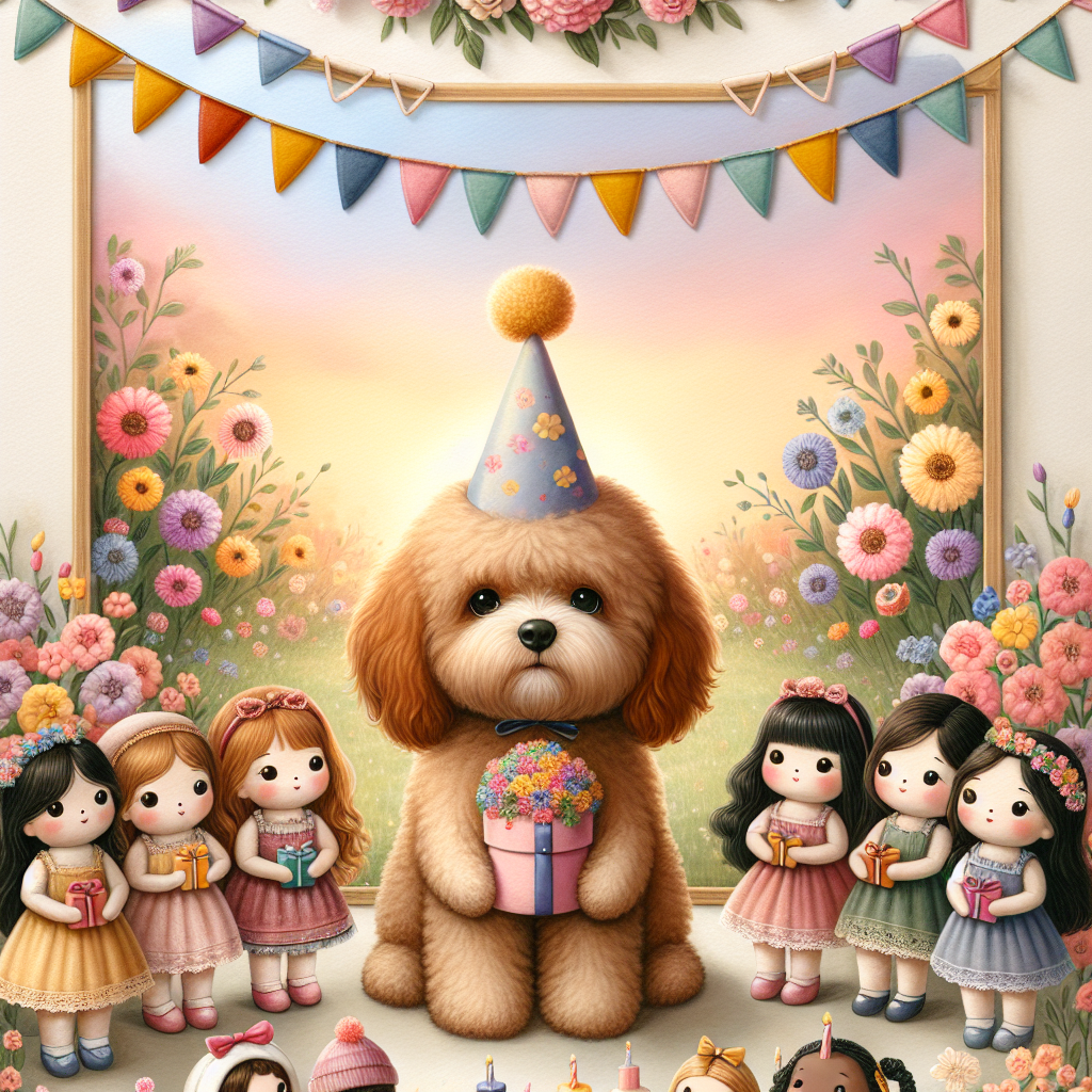 Illustrate a comforting scene where an endearing, fluffy cockerpoo, wearing a party hat, is in the middle of an array of blooming flowers. The top of the image is ornamented with multicolored buntings strung across. In the foreground, there is an assembly of charming dolls from different descents including: an Asian doll, a Caucasian doll, a Black doll, and a Hispanic doll; each holding a small gift as if orchestrating a surprise party. The inviting, gentle tones of the background hint towards a sunset, giving the birthday celebration a cozy, heartwarming atmosphere.
Generated with these themes: Cockerpoo, Dolls, and Flowers.
Made with ❤️ by AI.