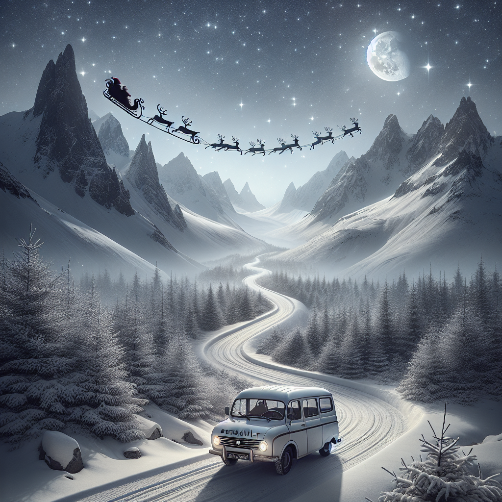 A serene and wistful Christmas scene unfolds with a white Renault Master meandering down a winding road, enshrouded by the snowy embrace of towering mountains. The silver glow of the moon casts a gentle light on the path, while above, Santa's sleigh, led by a team of reindeer, glides gracefully across the starlit sky.
Generated with these themes: white renault master driving far away down road, windy road through snowy mountains in moonlight, santa sleigh pulled by reindeer flying overhead.
Made with ❤️ by AI.
