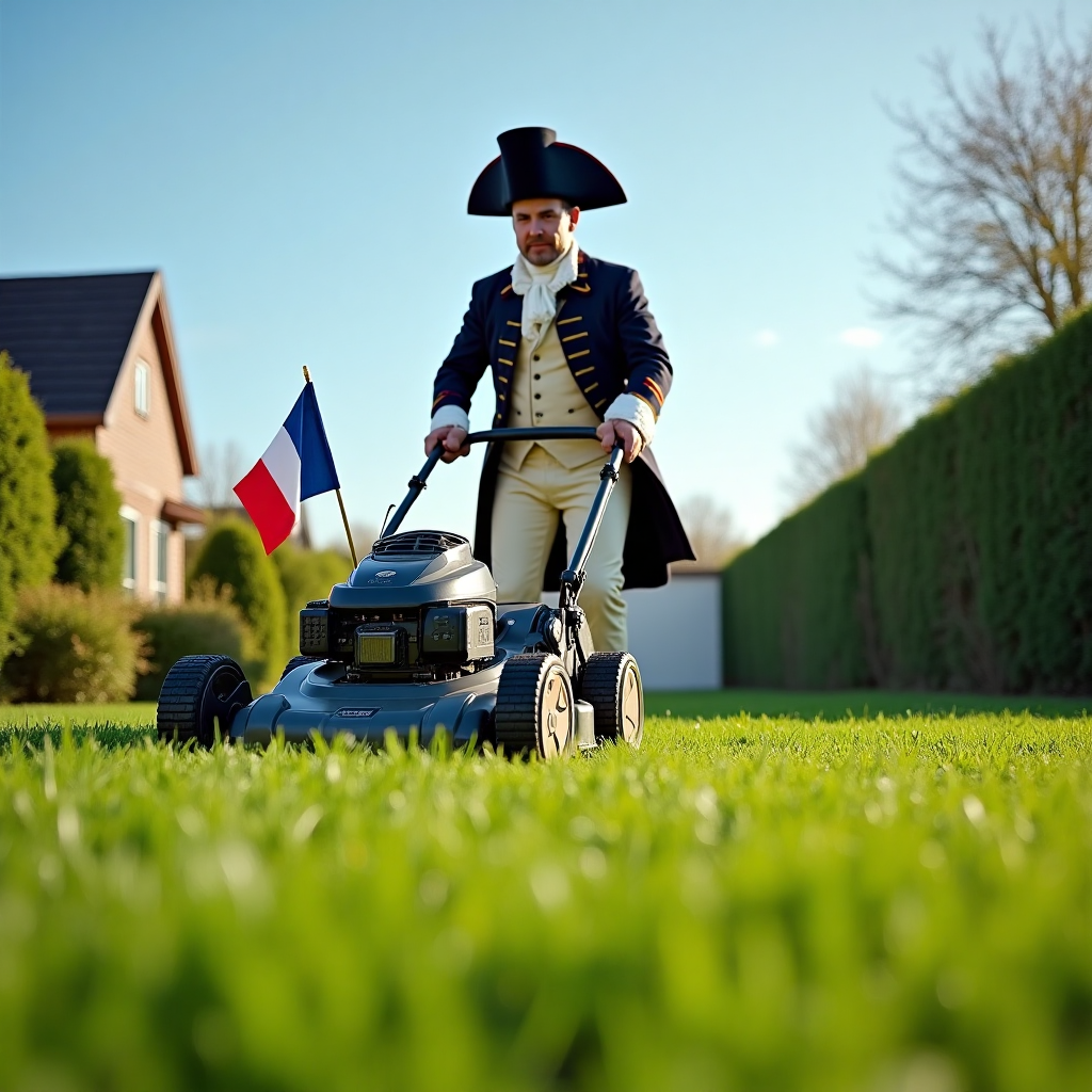 At the bottom of the Photorealistic picture taken from a camera image, "Happy father's day".

---

**Image Prompt:**

In a picturesque suburban garden under a clear blue sky, Napoleon Bonaparte, complete with his iconic hat and military regalia, is mowing the lawn with a modern electric lawnmower. The scene is captured in ultra-high-definition 4K, with vibrant green grass stretching out around him, each blade glistening under the sunlight. His expression is a humorous mix of concentration and triumph, as if leading his troops into battle, but against the unruly grass. Nearby, a small French flag flutters from the lawnmower's handle. In the background, the outline of a cozy home and a neatly trimmed hedge frame the scene. The caption below reads: "Conquering the Lawn Empire, One Blade at a Time!"
Generated with these themes: Napoleon Bonaparte, Mowing the lawn, and .
Made with ❤️ by AI.