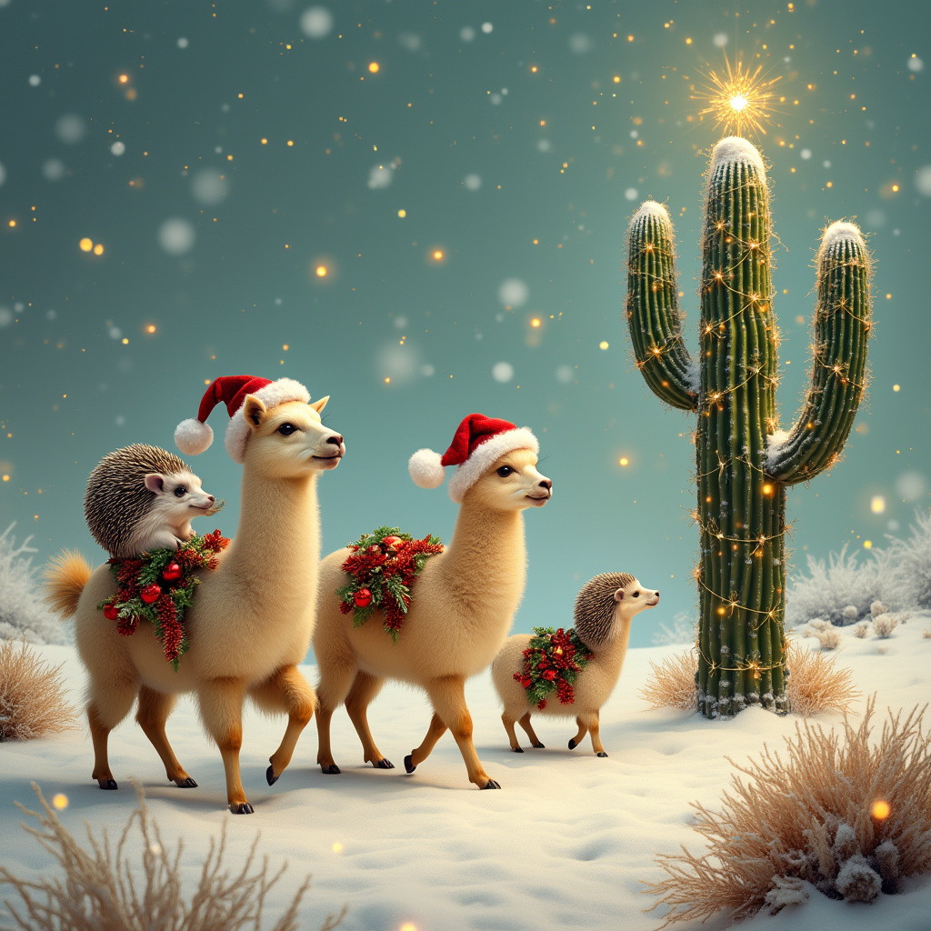 In the heart of a snow-dusted desert, where the golden sands meet the sparkle of winter magic, stands a whimsical Christmas gathering. Front and center, a troop of fluffy llamas, their woolly coats adorned with strands of glistening tinsel, prance joyfully across the scene. Each llama wears a festive Santa hat, tilted just so, allowing a peek of their curious ears. Perched confidently on their backs are merry hedgehogs, tiny and round, each balancing a shiny Christmas bauble on their paws. The baubles vary in color, with some reflecting shades of deep crimson and forest green, while others glimmer in metallic gold and silver, catching the light like tiny orbs of cheer. To the right, a towering saguaro cactus stands proudly, its arms outstretched like a guardian of holiday wonder. The cactus is whimsically dressed as a Christmas tree, wrapped with strings of twinkling lights that pulse gently like desert fireflies, and topped with a glittering star fashioned from shimmering desert glass. A gentle snowfall drifts lazily from the sky, dusting the scene with a soft, frosty blanket, as if the whole world has been caught in a gentle embrace of yuletide joy.
Generated with these themes: Llamas, Hedgehogs, and Hedgehogs riding llamas wearing Santa hats, Christmas baubles and tinsel with a cactus decorated like a Christmas tree.
Made with ❤️ by AI.