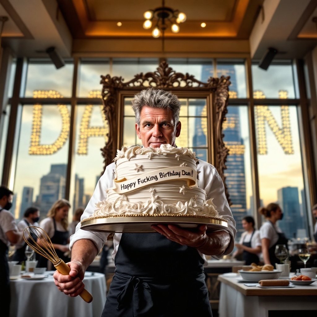 In the bustling kitchen of a five-star restaurant, Gordon Ramsay stands center stage, holding a large, flamboyant birthday cake shaped like an ornate window frame, with edible glass panes glistening in the overhead lights. The cake is a masterpiece of culinary art, with intricate frosting details mimicking the grain of wood, and is adorned with a banner made of delicate sugar icing that reads, "Happy Fucking Birthday, Dan!" in bold, exuberant letters. To his side, an apron-wearing Gordon, with his trademark furrowed brow and intense gaze, holds a whisk like a conductor's baton, orchestrating the chaos around him. Behind Gordon, a towering wall of kitchen windows provides a glimpse into the outside world where a gleaming glass skyscraper looms, its windows twinkling under the sun, forming the outline of "DAN" across its shining facade. The bustling kitchen crew, frozen in mid-motion, seem to revolve around Gordon like planets, each carrying tools of their trade—spatulas, rolling pins, and a single hammer held by a guest window fitter who stands bemused, in awe of the legendary chef. To add a humorous touch, a cartoonish speech bubble emerges from Gordon's mouth, saying, "Even these windows know it's your birthday, Dan!" In the foreground, a wooden countertop is cluttered with ingredients and utensils, alongside a celebratory card featuring a small, cheeky caricature of Gordon, his fiery expression softened by a rare smile, with the phrase, "Wishing You a Window of Opportunity, Dan!" scrawled beneath.
Generated with these themes: Gordon ramsey wishing a window fitter a happy fucking birthday.
Made with ❤️ by AI.