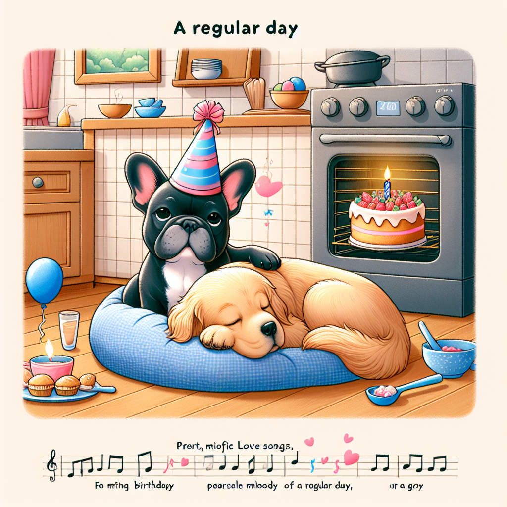 Create a charming and festive birthday illustration featuring a scene set in a cozy kitchen. In this scene, a black French bulldog is wearing a colorful party hat and is comfortably nestled beside a Golden Retriever that's peacefully dozing off. A birthday cake is slowly baking in the oven in the background, wafting off a pleasing aroma. This pleasant melody of a regular day is accompanied by soft, melodic love songs serenely playing in the background, creating an atmosphere of relaxing birthday slumber.
Generated with these themes: Black French bulldog, Golden retriever , Soppy love songs , Sleeping , and Cooking .
Made with ❤️ by AI.