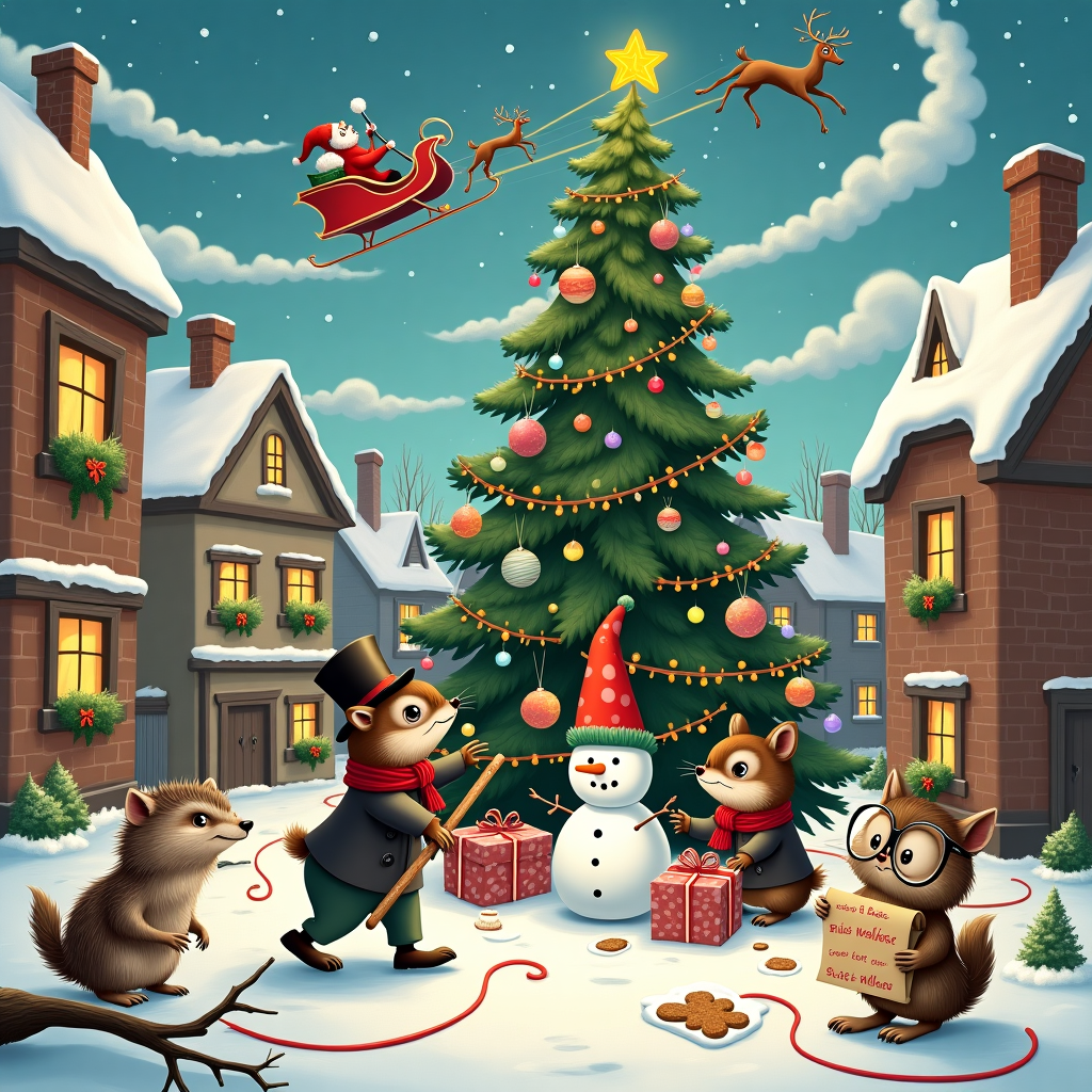 The scene is set in a quaint, snow-dusted village square, bursting with delightful Christmas chaos. In the center, a large Christmas tree twinkles with colorful lights and eccentric decorations—think ornaments shaped like tiny teapots, oversized candy canes, and miniature snowmen with exaggerated, comical expressions. Around the tree, a bustling group of anthropomorphic animals in Victorian garb are engaged in merry activities. A raccoon, wearing a top hat, attempts to carry an impossibly large gift wrapped in flamboyant polka-dotted paper, while a dapper rabbit in a waistcoat and spectacles is precariously balanced on a ladder, placing a star on top of the tree. 

In the sky above, fluffy clouds gently part to reveal a message: "Merry Christmas Sue & Michael" written in what appears to be swirling smoke trailing from Santa's sleigh as it swoops through the air. The sleigh, pulled by reindeer with exaggeratedly large antlers, zooms across a backdrop of a starlit sky, casting a whimsical silhouette. 

At the forefront, a hedgehog, clad in a tiny scarf, is building a snowman that curiously resembles a gnome, complete with a crooked red hat and a carrot nose too large for its face. Nearby, an elderly owl with spectacles perches on a branch, holding a scroll that appears to be a Christmas list, with the names Sue & Michael prominently highlighted and underlined. 

In the background, the charming, cobblestone buildings are adorned with festive wreaths and garlands, their chimneys puffing out little clouds of smoke. A pair of mischievous squirrels, seen through a frosted window, are trying to nibble on gingerbread cookies, their antics adding a touch of humor to this merry scene.
Generated with these themes: Merry Christmas .
Made with ❤️ by AI.