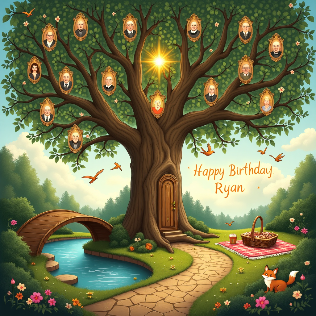 The scene is set in an enchanting forest glade, where an ancient family tree stands majestically at the center, its gnarled branches spreading wide like welcoming arms. Each branch represents a different generation, with portraits of ancestors nestled within delicate, leaf-shaped frames. The leaves shimmer with subtle golden hues, and each rustles with an illustrated likeness of a family member, evoking a sense of timelessness and legacy. Surrounding the base of the tree is a circular stone path, adorned with intricately carved symbols representing heritage and history.

To the left of the tree, a gentle brook babbles, its surface glistening under dappled sunlight filtering through the canopy. A small wooden bridge arches over the brook, etched with delicate vine patterns reminiscent of Aubrey Beardsley's intricate linework. On the right, a vintage picnic setup is laid out on a plaid blanket; a basket filled with classic treats and a whimsical teapot hint at Beatrix Potter’s influence.

In the sky above, wispy clouds part to reveal a brilliant sunbeam spelling out "Happy Birthday Ryan" in an elegant, swirling script, reminiscent of Maxfield Parrish’s ethereal touch. The words are encircled by playful sparrows that flutter joyfully, reminiscent of Quentin Blake's lively illustrations. Along the edge of the scene, whimsical critters—a curious fox peeking from behind a bush and a family of rabbits frolicking—add a touch of charm, inspired by Maurice Sendak's playful yet detailed approach.

The entire scene is bordered by an intricate vine design, with flowers blooming at intervals, lending a nod to Arthur Rackham’s whimsical embellishments. This combination of elements tells a vivid, enchanting story of ancestry, family, and celebration, all centered around the grand family tree, symbolizing the roots and branches of Ryan’s lineage.
Generated with these themes: ancestry family tree.
Made with ❤️ by AI.