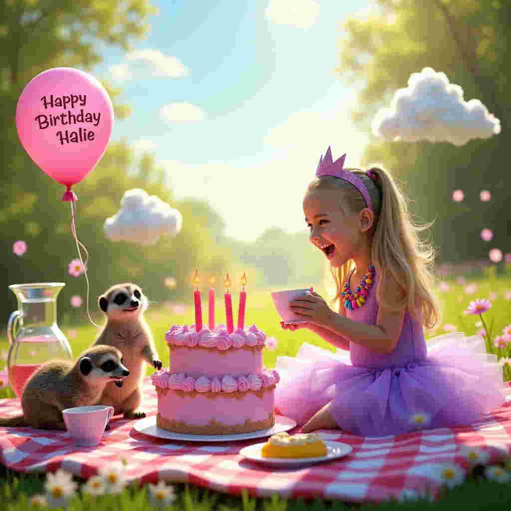 In a whimsical, sun-dappled meadow, a delightful scene unfolds as a picnic takes center stage, splashed in playful shades of pink and purple. A vibrant pink and purple checkered picnic blanket stretches across the lush grass, brimming with sweet treats and dainty tea cups that have been playfully overturned by curious meerkats. The meerkats, with their playful antics, are sporting tiny, sparkling tiaras and have gathered around a towering, frosted birthday cake. The cake is extravagantly adorned with pink and purple swirls and is topped with five glimmering candles, arranged to form the name "Hallie" in an artistic flair, illuminated by the gentle sunlight.

Nearby, a vivacious five-year-old girl with long, flowing blond hair, tied back with a ribbon the color of lilacs, is caught in mid-giggle. She's dressed in a fantastically girly outfit: a frilly, tutu-like skirt that seems to float in shades of cotton candy pink, paired with a sparkling lavender top. Around her neck dangles a necklace made of colorful candy beads, which a cheeky meerkat attempts to nibble on. In her hand, she clutches a balloon in the shape of a smiling sun, the string swirling whimsically in the breeze.

Above the scene, fluffy clouds float lazily by, one of which bears a delightful message formed from the cotton-like puffs: "Happy Birthday, Hallie!" Below, a scattering of daisies adds to the idyllic setting, each flower petal a shade of soft pink or deep purple. To the side, a tall glass pitcher filled with a mysterious, bright pink lemonade, embellished with slices of purple dragon fruit, gleams invitingly, capturing the light in its faceted glass. The playful gathering is a celebration of youthful joy and imagination, with every element lovingly crafted to tell the story of Hallie's special day.
Generated with these themes: 5 year old girl, Long blond hair, Meerkats, Picnic, Very Girly, Pink and purple, and .
Made with ❤️ by AI.