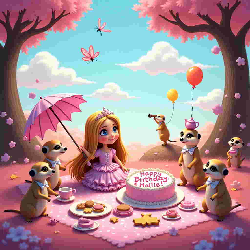 In this whimsically vibrant scene, a picnic unfolds in the heart of a sun-drenched, pink and purple meadow. Hallie, a spirited 5-year-old with long, flowing blond hair adorned with a sparkling tiara, sits at the center of this girly gathering. Her dress is a puff of frills, exploding in shades of pastel pink and lavender. Surrounding her, a playful troupe of meerkats, dressed in tiny bow ties and ruffled skirts, are busy laying out an elaborate picnic spread on a polka-dotted pink blanket. The blanket is heaped with cartoonishly oversized cupcakes, cookies shaped like stars and hearts, and a giant cake that reads "Happy Birthday Hallie!" in swirly frosting that sparkles as if it were spun from magic.

In the background, a canopy of towering, fantastical trees stretches upwards, their leaves forming a natural archway. Nestled in these leaves, bright balloons spell out "Hallie" as they sway gently in the breeze. Above, fluffy white clouds lazily float in a bright blue sky, one of which cheekily resembles a meerkat. A few cartoon butterflies, sporting comically large eyes and vibrant wings, flutter around, adding an extra touch of whimsy to the scene.

Hallie holds a pink parasol to shade herself from the sun, while a cheeky meerkat balances a teacup on its head, making her giggle. Nearby, another meerkat stands on a small hill, acting as a lookout with a tiny telescope. All the while, a small toy tea set is laid out meticulously, complete with pink teapots and miniature teacups. The whole scene captures a delightful, imaginative adventure that screams fun, celebration, and the wonder of turning five, especially for someone as special as Hallie.
Generated with these themes: 5 year old girl, Long blond hair, Meerkats, Picnic, Very Girly, Pink and purple, and .
Made with ❤️ by AI.