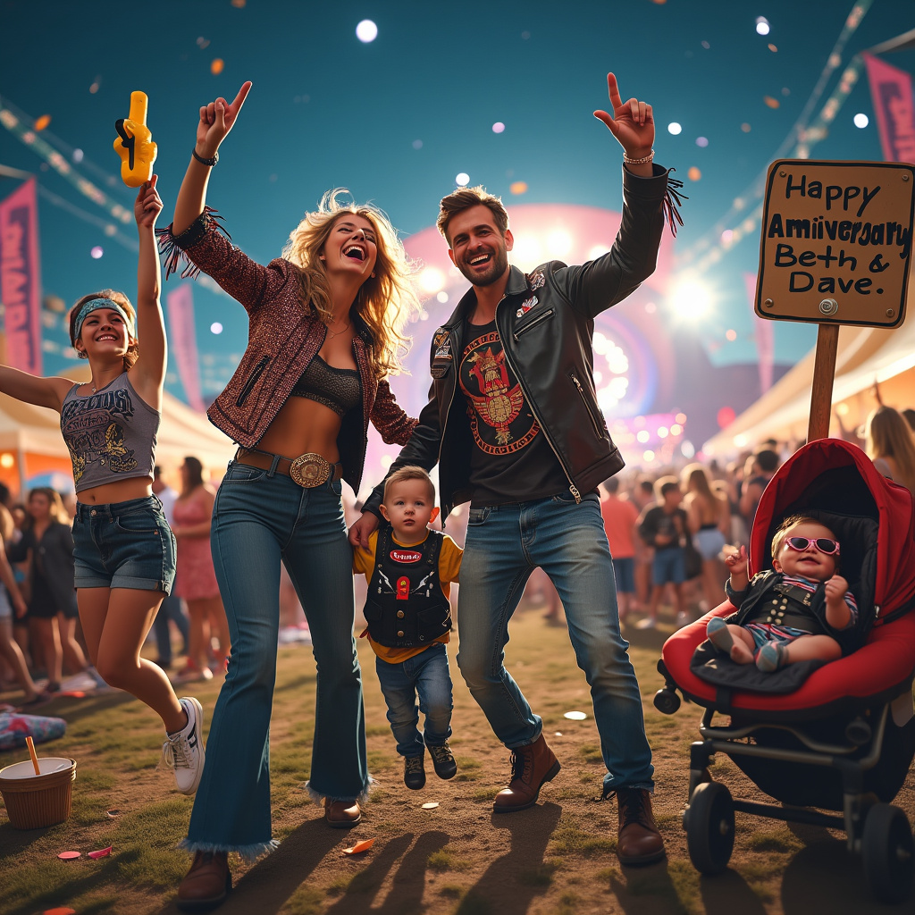 The scene bursts with life at a bustling rock festival under a brilliant, star-filled night sky. In the foreground, Beth and Dave, a dynamic couple celebrating their 11th anniversary, are decked out in retro rock attire—Beth in a glittering, fringe-laden jacket with flared jeans and Dave sporting a vintage band tee and a leather jacket covered in band patches. They're both holding up devil horn hand signs, rocking out with wide grins plastered across their faces. 

Next to them, their teenage son is caught mid-air in a joyous leap, wearing a bandana and oversized rock festival t-shirt, holding an inflatable guitar in one hand. At Beth's feet, there's a pram with a tiny, sleeping baby nestled inside, dressed adorably in a mini onesie with a faux leather vest and miniature sunglasses resting on its tiny nose.

In the background, a massive stage is lit up with dazzling lights, the band in full swing with an electric guitar solo. Around the family, other festival-goers can be seen dancing, laughing, and swaying to the music, many holding cups of frothy beverages. Colorful festival banners and flags flutter above the crowd, and the ground is scattered with blankets, picnic baskets, and a few scattered confetti remnants from earlier celebrations.

Tucked into one corner of the scene, a signpost reads “Happy 11th Anniversary Beth & Dave!” with a cheeky arrow pointing towards the couple, ensuring their celebration is front and center in this vibrant, rockin’ festival setting.
Generated with these themes: 11th , Beth & Dave, Rock festival, Son, and Baby.
Made with ❤️ by AI.