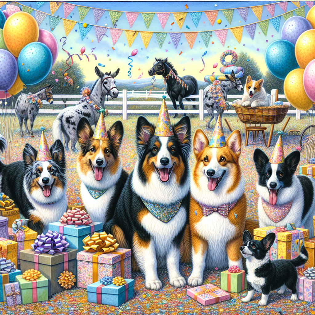 At a birthday celebration deriving joy from a canvas of pastel colors, confetti, and balloons, three tricolored Border Collies don party hats center stage, tails wagging enthusiastically. On either side, two playful Swedish Vallhunds and Lancashire Heelers romp amongst gift boxes, the former with a dashing corgi observing with a glittering birthday sash near them. A Black and Tan Chihuahua shyly emerges from behind a large present wrapped brightly. Pastural beings such as a piebald and a skewbald horse leisurely graze near a paddock adorned with streamers, and a black Shetland pony wearing a bow munches on a hay bale decorated with ribbons, all under an observing donkey's eye. A wandering flock of sheep amplify the idyllic charm, flanked by two curious black cats playing with yarn. The border reflecting the hues from the delighted dogs' coats frames the entire scene.
Generated with these themes: 3 tri colour border collies, 2 Swedish vallhunds , 2 Lancashire heelers, 1 corgi, 1 Black and Tan chihuahua , 1 piebald horse, 1 skewbald horse, 1 black Shetland pony, 1 donkey , Sheep, and 2 black cats.
Made with ❤️ by AI.