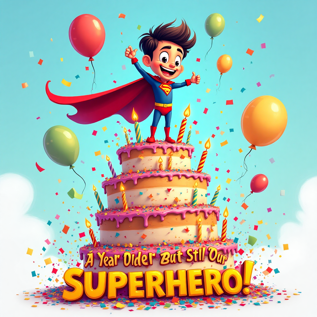 At the top of the Cartoon Style image, write "Happy Birthday to Mohammed!"

**Image Description:**

Imagine a playful and colorful cartoon-style image featuring an animated version of Mohammed. He is depicted with exaggerated proportions—large, expressive eyes, a broad smile, and a quirky hairstyle. He's dressed in a superhero outfit, complete with a cape flowing dramatically in the wind, as he stands heroically atop a giant, teetering birthday cake stacked with vibrant layers of icing and oversized, wobbling candles.

Around him, a joyful explosion of confetti and balloons fills the scene, creating an atmosphere of celebration and fun. The bright, saturated colors of the balloons and cake contrast against a clear blue sky. Below him, in bold, playful lettering, is the caption: "A Year Older, But Still Our Superhero!" 

This cheerful, cartoonish artwork is perfect for a funny birthday card, capturing the playful spirit of the occasion.
Generated with these themes: .
Made with ❤️ by AI.
