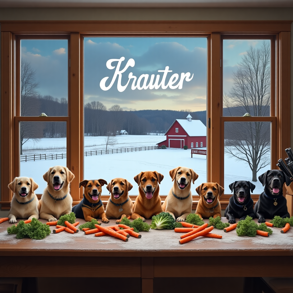 In the foreground of the scene, imagine a rustic kitchen set in a quaint, snow-dusted farmhouse. The centerpiece of the room is a large, wooden farmhouse table, its surface weathered by years of hearty family meals. Gathered around this table are eight jubilant dogs, each of a different breed, from a playful golden retriever to a stately great dane. They are enthusiastically munching on vibrant orange carrots and leafy green cabbage leaves scattered across the table. To their side, a set of gleaming kitchen knives are neatly arranged in a block on the countertop, safely out of reach, yet prominently displayed to emphasize the kitchen theme.

The background is a large window that frames the view of sprawling farmlands blanketed in a gentle layer of snow. In the distance, you can see a classic red barn with a pitched roof, surrounded by bare trees and rolling hills. The sky is a mix of twilight blues and purples, with the first stars beginning to twinkle. Softly written across the clouds in playful, wispy letters is the name "Krauter," as if etched by the gentle hands of the winter wind. A small, wooden sign near the barn, bearing the name "Krauter Farm," adds another touch, grounding the whimsical skywriting. This creates a delightful blend of a homey, kitchen-centric Christmas theme with a nod to rural farming life.
Generated with these themes: 8 dogs eating carrots, Cabbage , Kitchen knives, Farming, and .
Made with ❤️ by AI.