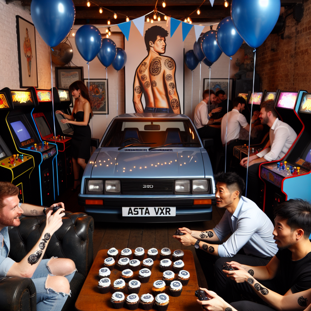 A lively party scene in a cozy, low-lit gaming room festooned with blue balloons and game controllers dangling from the ceiling. Present at the heart of the gathering is a life-sized cutout of a suave, glossy Blue Astra VXR accompanied by cupcakes sporting edible tattoo motifs. Along the periphery, vintage arcade machines add a touch of nostalgia, resonating strongly with an 'Old School Cool' theme, fitting for a 30th birthday celebration. Party-goers of varying descent and gender, their arms stamped with half-done temporary tattoos, are immersed in revelry and cheer enthusiastically as a birthday gamer, an Asian male celebrating his 30th birthday, emerges victorious in a retro video game tournament.
Generated with these themes: Blue Astra vxr , Tattoos , Old, 30th Birthday, and Gamer.
Made with ❤️ by AI.