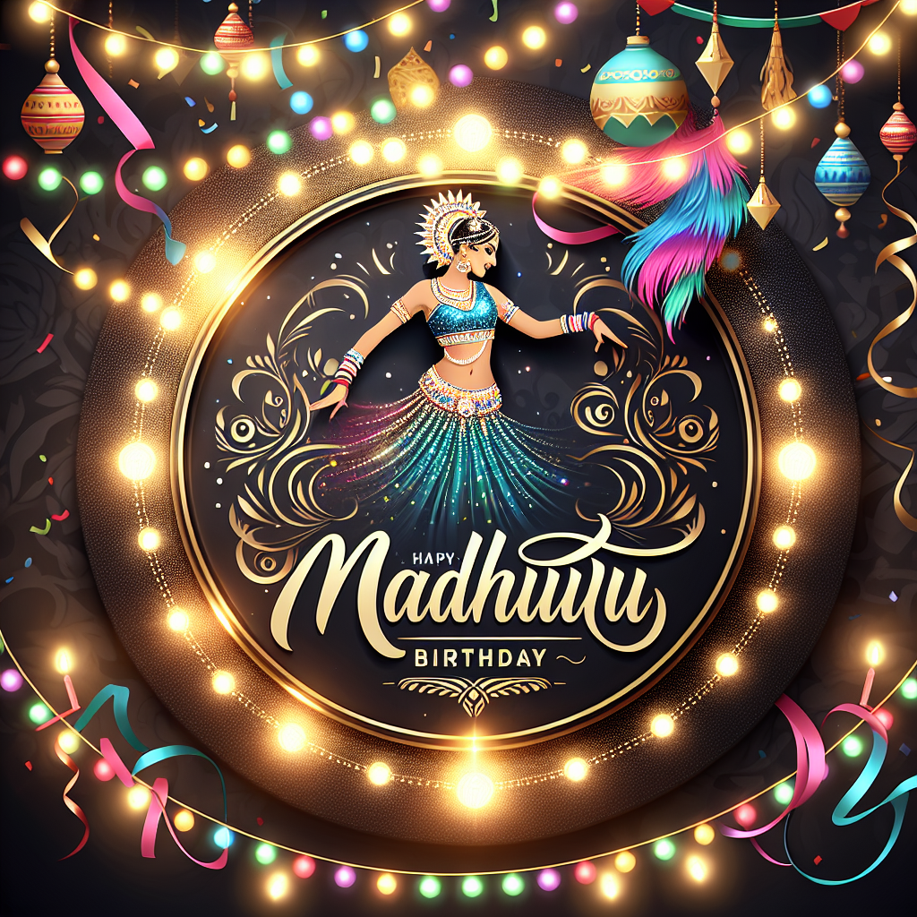 A bollywood dancer in stage ,and Happy Birthday Madhuwu Birthday Card