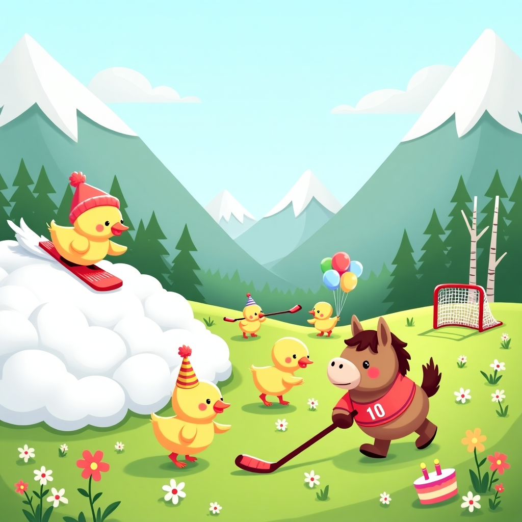 **Prompt for the illustration image:**

At the top of the illustration image, *"Have a Quack-tastic Hoof-dacious Birthday, Alex!"*

An adorable and vibrant illustration featuring a whimsical alpine meadow in spring bloom. A fluffy yellow duck in a tiny ski outfit is whooshing down a snowy hill that transitions magically into a flowery meadow, where a cute brown horse (wearing a birthday hat and a hockey jersey) is playing field hockey with a bunch of other tiny ducklings wielding candy-colored hockey sticks. Wildflowers scatter joyfully across the grassy patches, and in the distance, there's a birthday banner fluttering between two birch trees. Balloons and cake are stashed by the hockey goalpost, and everything radiates joyful, playful energy in a cute, cartoonish style.
Generated with these themes: Ducks, Horses, Sking, Flowers, and Field hockey.
Made with ❤️ by AI.