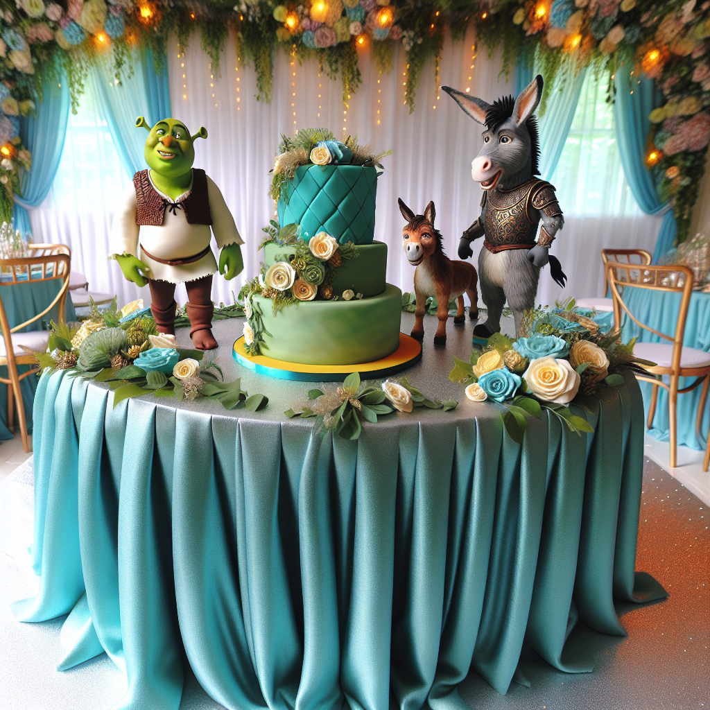 A delightful birthday setup with a realistic touch, where the central table is draped with a tablecloth in vibrant bold turquoise. Atop the table sits a beautifully crafted cake, adorned with intricate edible figures of a large friendly ogre, a talkative donkey, and a noble feline warrior. The surrounding area is embellished with life-like floral arrangements and subtle fairy lights, adding a whimsical yet sophisticated ambiance suitable for all ages.
Generated with these themes: Shrek turquoise .
Made with ❤️ by AI.