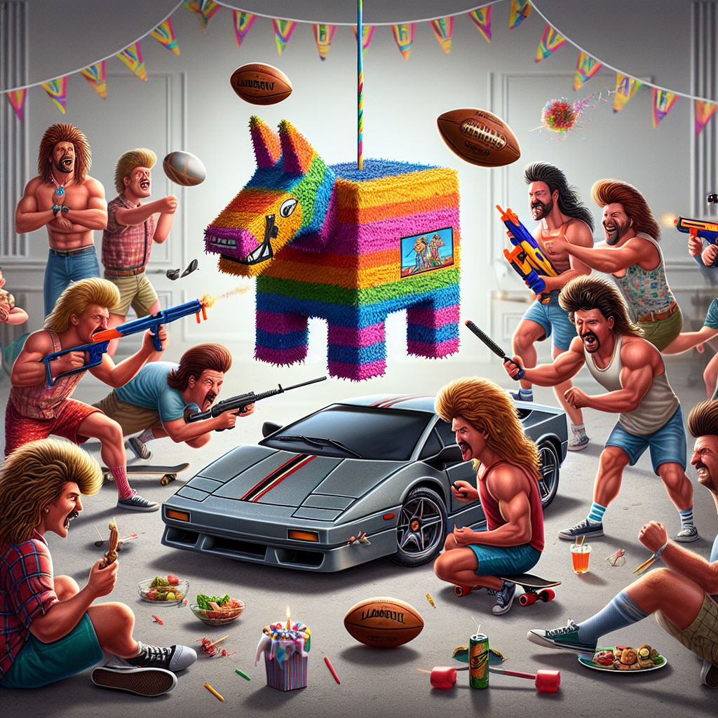 Imagine a comical and realistic birthday party scene. The partygoers, each of diverse descents and genders, sport mullet haircuts while buzzing around on skateboards, competing with each other in their tricks. Right at the center of the celebration, a piñata, perfectly detailed to look like a Lamborghini, awaits its fate. Rugby balls are flying back and forth, disrupting the casual conversations and occasionally intruding on the high-stakes Nerf gun skirmishes that break out across the party venue. This playful chaos adds a layer of lively unpredictability to the birthday festivities.
Generated with these themes: Rugby, Lamborghini , Nerf, Mullets, and Skateboarding .
Made with ❤️ by AI.