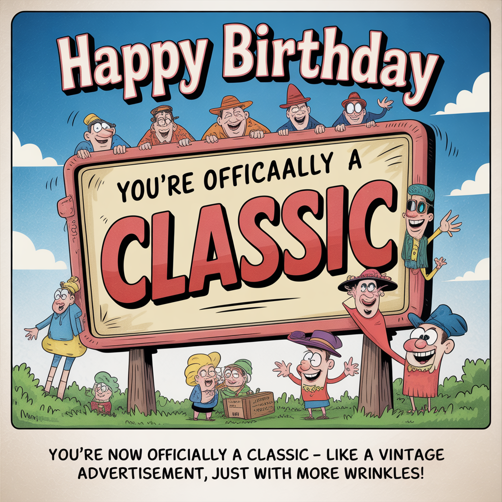 At the top of the image, "Happy Birthday":

   At the bottom of the image, "You're Now Officially a Classic – Like a Vintage Advertisement, Just With More Wrinkles!"

- Create a playful cartoon scene featuring an old-fashioned billboard with exaggerated, comical characters. The billboard showcases a vintage-style advertisement with vibrant colors and whimsical fonts, celebrating the birthday person as a "classic" with a touch of humor.
Generated with these themes: Advertising, and .
Made with ❤️ by AI.