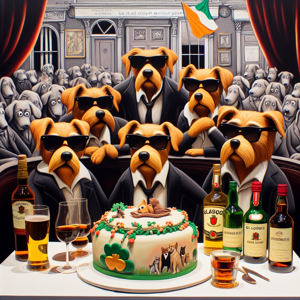 Create a comic scene situated in an Irish theater, wherein a group of cheerful dogs are performing a comic funeral scene, an ironic nod to the conclusion of another year. They're adorned with dark sunglasses and have faux serious expressions. In the front, there is a table filled with different bottles of alcohol and a cake, exhibiting the celebratory tone. The cake is intricately decorated with illustrations reminiscent of Glasgow. Despite the playful undertone, the scene exudes an unmissable touch of Irish influence.
Generated with these themes: Dogs, Theatre, Funeral, Ireland, Alcohol, and Glasgow.
Made with ❤️ by AI.
