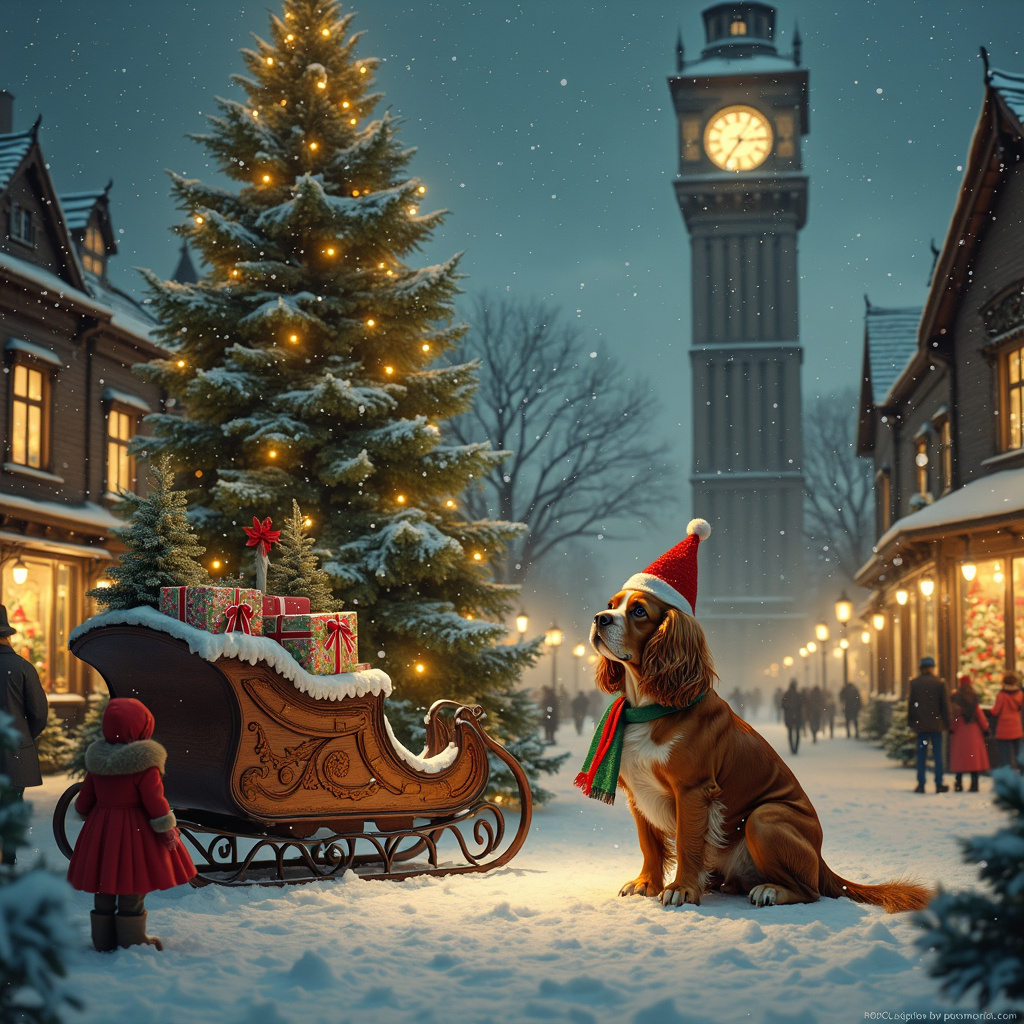 Picture a snow-blanketed Victorian village square, bustling yet serene under the twinkling starlit sky. At the center of the square stands a majestic, towering Christmas tree adorned with glistening ornaments and shimmering lights. Below this grand tree, there's a large, intricately carved wooden sleigh filled with wrapped presents in vivid reds, greens, and golds, their ribbons fluttering in the gentle breeze.

To the right of the sleigh, a noble Cavalier King Charles Spaniel sits, its luxurious fur rich in chestnut and white hues. The dog wears a tiny Santa hat tilted jauntily to one side and a festive red scarf around its neck, its expressive eyes gazing up curiously at the scene before it. Surrounding the Spaniel, various toys and holiday trinkets are scattered on the snowy ground, evidence of recent playful activity.

Now, for the unexpected twist – to the left of the sleigh, a small, beautifully adorned wooden puppet stage has been set up. The backdrop of the stage is painted with a whimsical winter landscape. On this stage, a surprisingly detailed marionette T-Rex is performing. The T-Rex, about the height of a human toddler, is adorned with a tiny elf hat and a green-and-red-striped scarf. It’s maneuvering through a series of comically exaggerated holiday-themed poses, seemingly in the middle of a festive dance. The puppet strings, controlled by unseen hands above, lend the T-Rex an oddly endearing and lifelike quality.

Children and adults, warmly dressed in Victorian-era attire, gather around the stage, their faces lit with amazement and joy. The shop windows behind them, glowing warmly with candlelight, showcase an array of Victorian Christmas decor - gingerbread houses, ornate nutcrackers, and frosted confections.

The scene is framed by the soft, fluffy snowflakes falling gently from the sky, and in the distance, you can make out the silhouette of an old clock tower, its face brightly illuminated, chiming softly to announce the hour.

This lively yet solemn scene is a delightful intersection of the traditional and the whimsical, perfectly capturing the enchantment of a Victorian Christmas with a modern, quirky twist.
Generated with these themes: Cavalier king Charles , and Trex.
Made with ❤️ by AI.
