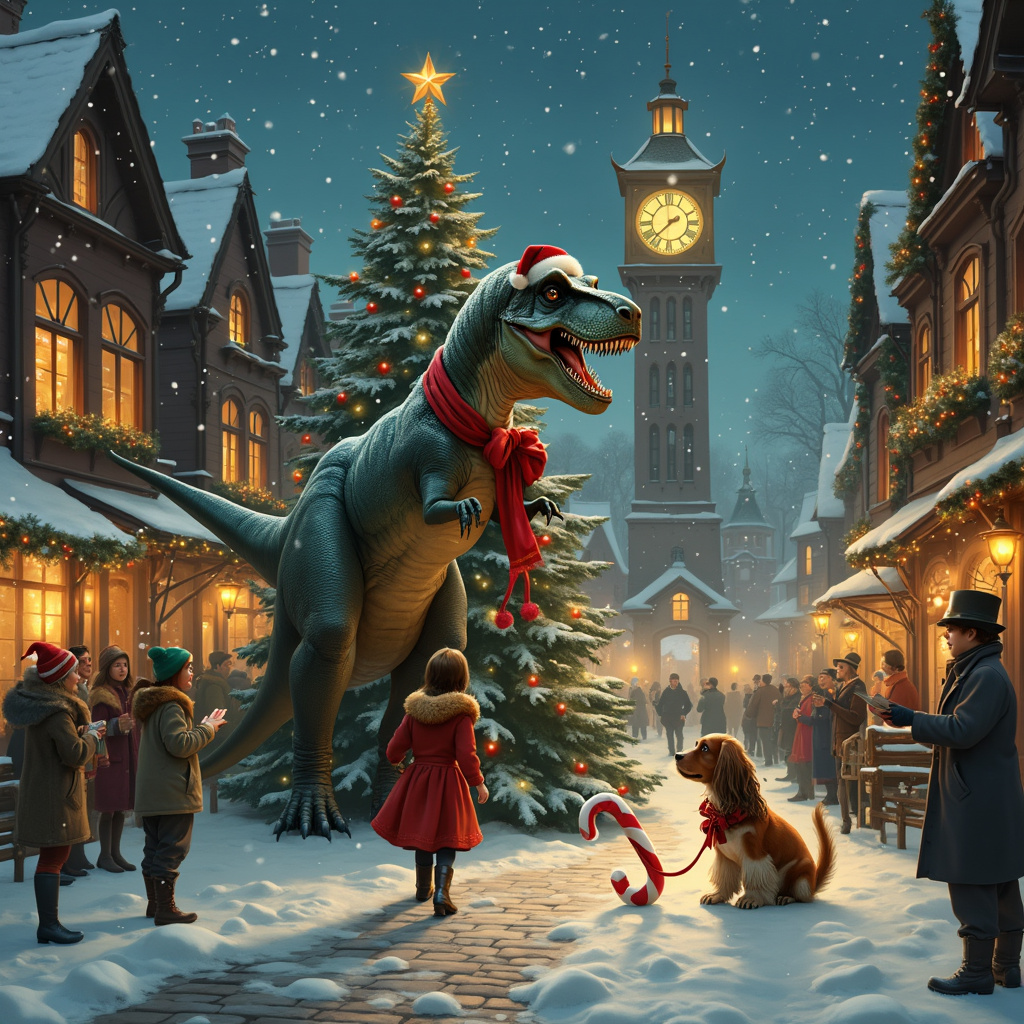 Underneath a starlit winter sky, a quaint Victorian village is blanketed in a fresh layer of snow. The centerpiece of the scene is an elegant old-world clock tower, its face illuminated softly, showing it’s just past midnight on Christmas Eve. The streets are adorned with festive garlands and twinkling lights, each window glowing warmly with candlelight and Christmas trees visible inside.

In the foreground, the snowy cobblestone street is bustling with activity. At the heart of the scene stands a large, majestic Christmas tree, festooned with vintage ornaments, ribbons, and a shining star at the top. Surrounding the tree is a mix of children and adults, all bundled in period-appropriate winter attire, engaging in caroling, and snowball fights, with a sense of excitement in the air.

Amidst this joyous crowd, a Cavalier King Charles Spaniel with flowing, tri-color fur sits obediently next to a young girl dressed in a red velvet coat with white fur trim. The girl holds a red leash attached to the spaniel’s ornate golden collar. The dog’s large, expressive eyes are focused on a rather unusual sight behind the tree.

Emerging subtly from between the village houses, a large, friendly Tyrannosaurus Rex with a festive twist makes its way towards the Christmas tree. The T-Rex, surprisingly adorned with an oversized red Santa hat and a scarf made of holly and ivy, has a gentle, somewhat goofy expression. Instead of the usual sharp teeth, it has a wide, comical grin, indicating its harmless nature. In its small, comically disproportionate arms, it clutches a giant candy cane, seemingly trying to figure out how to place it on the tree without causing too much disruption.

Snow continues to fall gently, adding a dusting to the T-Rex’s hat and the little spaniel’s ears. In the background, several villagers, instead of showing fear, look on with a mix of amusement and curiosity, some even taking out old-fashioned cameras to capture the odd but heartwarming sight. The entire scene is lit by the soft glow of the street lamps and the warm light emanating from the shop windows, creating a picturesque and enchanting holiday moment.
Generated with these themes: Cavalier king Charles , and Trex.
Made with ❤️ by AI.