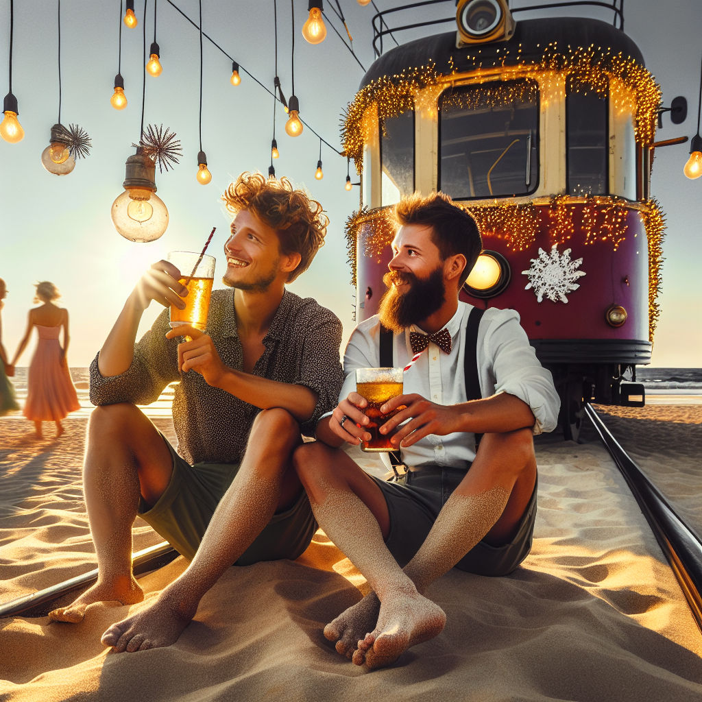 On a bright and cheerful day signifying their yearly celebration, two individuals embarked on a whimsical journey. They hopped onto an urban bus festooned with strands of tiny, twinkling lights, eliciting smiles from other riders. Later, they switched over to a charming old-fashioned train headed towards the seaside. On the beach, with grains of sand clinging to their feet, the duo relished sips of cool cider. They casually discussed an impromptu trip, immersed in the delightful sensation of cherishing each other's company.
Generated with these themes: Bus train cider holidays sun.
Made with ❤️ by AI.