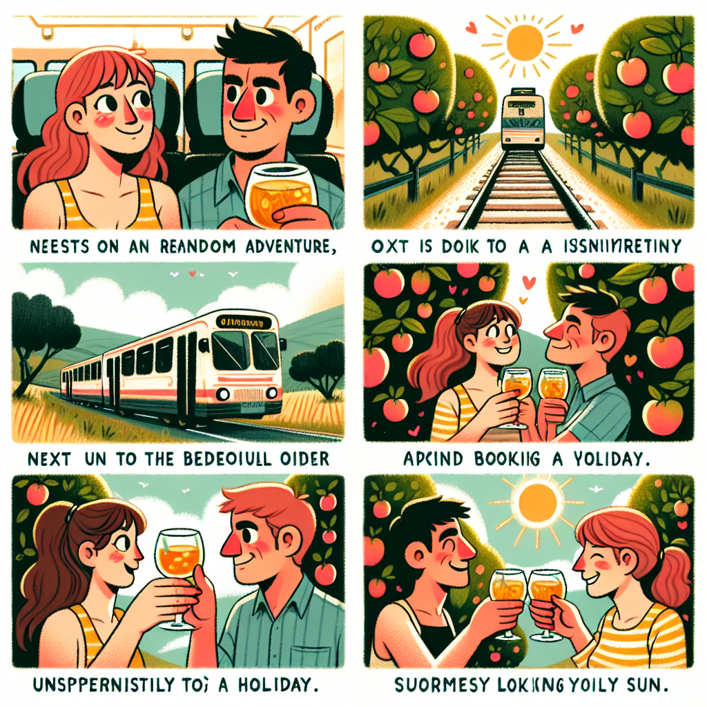An image depicting an endearing couple named Mark and Sarah celebrating their anniversary. The couple are on a random adventure, first traveling by bus, their faces filled with joy due to the uncertainty of their destination. Next, they switch to a train moving towards vast orchards. They are shown toasting under the benevolent sun, their glasses filled with tangy cider, surrounded by trees bearing juicy fruits. In their anniversary enthusiasm, they are shown spontaneously booking a holiday, their faces glowing with anticipation and love for each other.
Generated with these themes: Bus train cider holidays sun.
Made with ❤️ by AI.