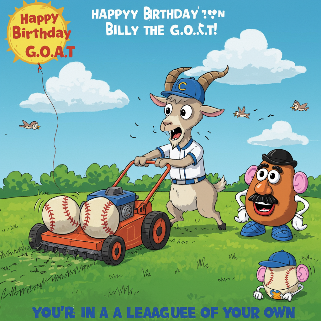 At the top of the Cartoon Style image, the text reads: "Happy Birthday Billy the G.O.A.T!"

Imagine a whimsical cartoon scene where a cheeky billy goat with a baseball cap is hilariously attempting to mow a lawn. The lawnmower is a colorful, oversized contraption with spinning baseballs instead of wheels. The billy goat, with an exaggerated grin and bright eyes, is energetically pushing the mower, which leaves a trail of trimmed grass behind. 

To the side, Mr. Potato Head stands watching with a puzzled expression, his parts slightly askew in surprise. The background is a bright, sunny day with fluffy clouds and birds wearing tiny baseball caps flying by.

In the bottom corner, a small caption in a fun, bold font reads, "You're in a League of Your Own!"
Generated with these themes: Billy goat, Mowing, Baseball, Mr. Potato Head , and .
Made with ❤️ by AI.