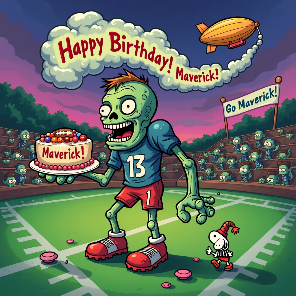 In this zany cartoon birthday scene, the setting is a vibrant, slightly eerie soccer field under a twilight sky with swirling hues of purple and green, hinting at both fun and a touch of the bizarre. At the center of the field stands a comical zombie football player, whose mismatched socks and oversized cleats add a slapstick element to his appearance. His tattered uniform is a humorous take on a classic sports kit, complete with the number '13' humorously painted across the back. Despite his undead status, he has a wide grin plastered on his face, with one droopy eye and a conspicuous missing tooth. In one bony hand, he holds a football cake, elaborately decorated with icing that spells out “Happy Birthday Maverick!” in vibrant colors. The letters are a bit wonky, as if iced by a hand that's seen better days, but the effort is heartwarming. The football field is speckled with tiny, cartoonish zombies peeking out from behind the bleachers, waving flags that read “Go Maverick!” Adding a magical twist, the clouds overhead whimsically form into the letters of Maverick's name, as if nature itself is joining in the celebration. A small, vintage blimp floats by in the distance, reminiscent of a classic Disney airship, trailing a banner behind it that repeats the birthday message. In the foreground, a small dog wearing a tiny referee shirt reminiscent of Snoopy from Peanuts, chases its tail, adding an extra layer of humor to this delightfully quirky birthday scene.
Generated with these themes: Zombie football player wishing Maverick a Happy Birthday.
Made with ❤️ by AI.