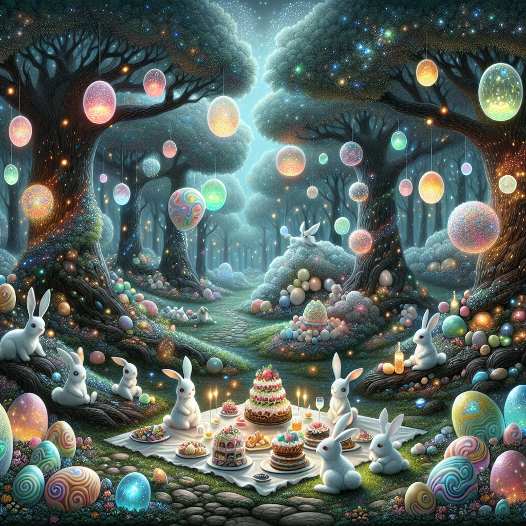 Imagine a dreamy, whimsical forest clearing. Trees with bark sparkling like starlit night sky are close by and brightly colored eggs pulsating with swirls of colors are floating peacefully. Eerie but magical woodland creatures, some with coats of sparkling mist, others with lantern-like glowing eyes, are coming together in the open meadow. There are birds whose melodious songs form tangible bubbles of sound and drift up towards the tree tops. Busy white rabbits are arranging a luxurious picnic onto a soft blanket. The desserts on display are incredibly enticing, giving the impression of being crafted out of cloudy layers topped with frosting that glows like the first light of dawn. The area is stippled with luminous flowers, their fragrance mingling harmoniously with the smell of oven-fresh pastries and sweet nectar. This mystical landscape sparkles at the conjunction of reality and fantasy.
Generated with these themes: Eggs, Woodland creatures, Trees, Birds, Rabbits, Cakes, Flowers, and Picnic.
Made with ❤️ by AI.