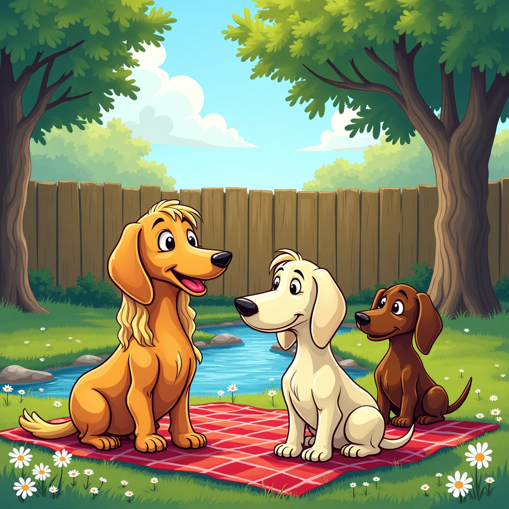 The front cover of the birthday greeting card bursts with vivid colors and exaggerated cartoon style. It features three distinctly charming dachshunds basking in the sun-drenched serenity of an idyllic backyard scene. 

The elderly, blonde female dachshund is positioned closest to the foreground. Her long, golden locks cascade down to her tiny paws, shining brightly like rays of sunlight. Her exaggeratedly elongated snout and perked-up ears are reminiscent of the playful innocence found in Schulz's Peanuts. She's seated contentedly on a plaid picnic blanket with vibrant reds and blues that pop against the lush green grass.

To her left, the young cream-colored female dachshund bounces with youthful energy, a nod to the spirited style of Disney's animation. Her fur is a luscious vanilla cream, contrasted sharply by her oversized floppy ears, which dangle adorably beside her sparkling eyes. Her tail is a blur of motion, capturing her dynamic zest for life.

The third dachshund, a chocolatey brown male with whimsical raccoon-like eyebrows, stands with a curious tilt to his head, echoing the expressive styles of both Tezuka's manga and Larson's Far Side. His fur glistens in rich cocoa hues, and those exaggerated eyebrows are drawn with bold, sweeping lines, adding a mischievous glint to his expression.

The background sets the stage with a picturesque creek that meanders gently through the scene, its waters depicted with cool blues and soft white highlights, capturing the reflective glints of sunlight. Dappled trees, reminiscent of Hergé's meticulous line work, provide a natural canopy overhead with leaves of varied greens, each leaf detailed in the style of Watterson's lush settings in Calvin and Hobbes.

A wooden fence, slightly skewed and comically leaning, frames the yard in the background, a playful nod to Eisner's detailed yet whimsical urban landscapes. A few daisies dot the scene, their simplistic forms inspired by McCay’s delicate touch, adding to the card’s charm.

Across the top of the card, the words "Happy Birthday!" are emblazoned in bold, cheerful lettering that curves joyfully across the sky, colored in a spectrum of vibrant hues, invoking the exuberant style of R. Crumb's underground comix, making the greeting as lively and engaging as the scene it crowns.
Generated with these themes:  three dachshunds on the front. One is elderly and blonde female, another is cream colored and young female; the third is chocolatey brown colored male with cute raccoon like eyebrows. They are in an idyllic backyard with a creek. No glasses on the dogs please. Card says “Happy Birthday!”.
Made with ❤️ by AI.