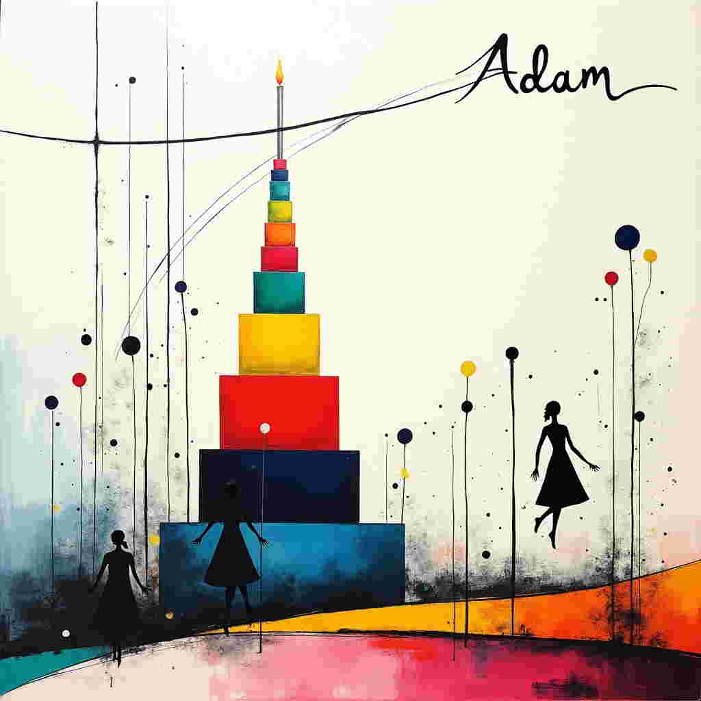 The front cover of the birthday greeting card features a surreal, abstract landscape inspired by a fusion of Kandinsky's geometric playfulness and Pollock's energetic splatters. At the center, a towering multi-tiered birthday cake defies gravity, each tier a floating square or circle reminiscent of Mondrian's color blocks—bold red, deep blue, bright yellow, and pure white.

On one side, a series of thin, black rectangular lines echo Malevich's Suprematist forms, rising and intertwining like a network of dynamic, dancing skyscrapers. Swirling around these are spontaneous, Pollock-style streaks of white, silver, and midnight blue, crisscrossing the space in erratic yet deliberate chaos.

To the right, floating in a Rothko-esque band of soft, gradient colors transitioning from sunset orange to twilight purple, are ethereal silhouettes—shapes that hint at the stylized, shadowy figures from Death Note. Their forms are abstract, merely a suggestion, with swirling, looping lines and fragmented shapes that evoke a sense of movement and narrative.

Across the top of the scene, a sweeping Miró-inspired, whimsical curve—like a comet's tail—arcs over the composition, dotted with circles and dots in turquoise, lime green, and magenta, creating a celestial harmony. This curve supports a delicate, Cy Twombly-esque scrawl of the name "Adam," written in a fluid, continuous loop of charcoal-black, appearing as if suspended in the sky.

The background is a minimalist field of textured white, subtly punctuated by Agnes Martin-like soft grid lines, lending a serene yet structured backdrop to the vibrant chaos in the foreground. A few Richter-style smudges in shades of pastel pink and peach add depth and visual interest without overpowering the central elements.
Generated with these themes: Death Note .
Made with ❤️ by AI.