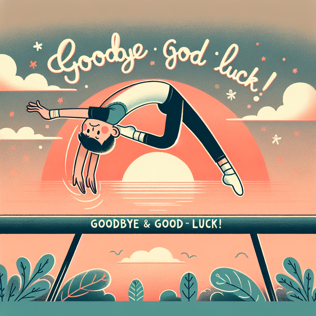 Create a heart-warming image of a cheerful Asian male gymnast performing a graceful farewell bow on a balance beam. The horizon behind him is a sunset painted with soft hues of orange and pink, symbolizing the end of a day, paralleling the gymnast's farewell that signifies the end of a journey. Below the balance beam, the phrase 'Goodbye & Good Luck!' written in whimsical and imaginative script captures the essence of a fond and optimistic send-off.
Generated with these themes: Gymnastics.
Made with ❤️ by AI.