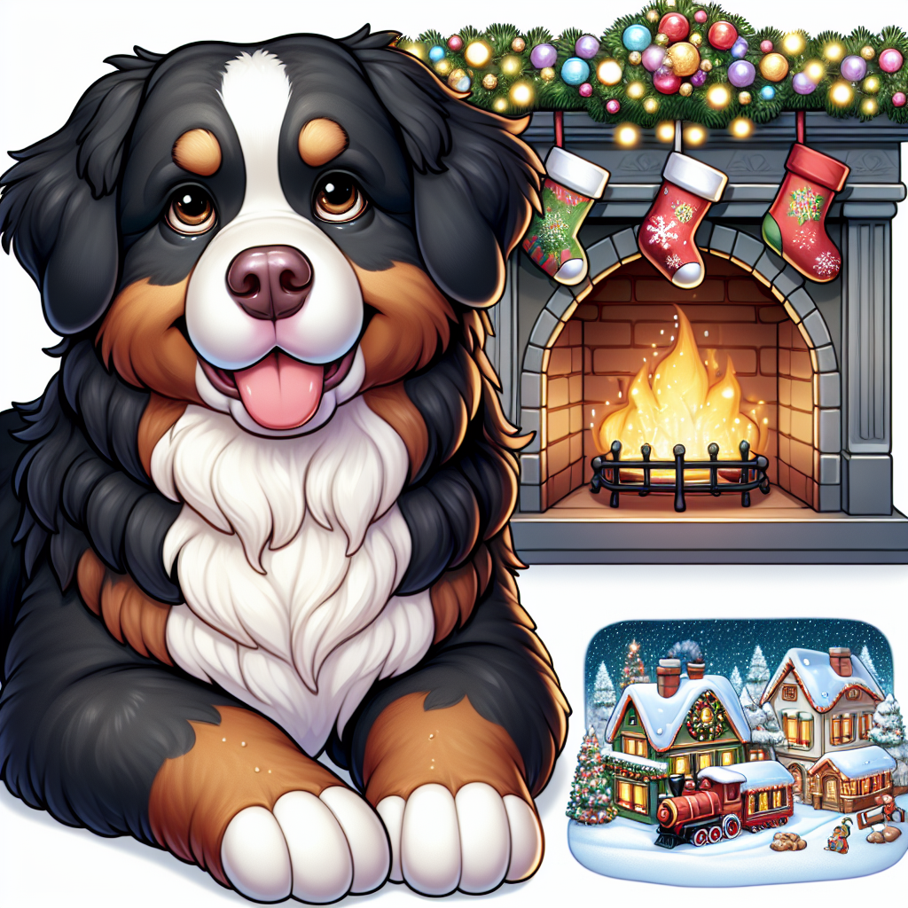 Illustrate a cartoon scene featuring a charming, plump Bernese Mountain Dog with a glossy tri-colored coat and expressive brown eyes. The dog is located in front of a cartoon-style fireplace, exuding warmth and comfort. Decorate the area above the hearth with a festive garland embellished with twinkling lights and dangling stockings. Near our dog friend, include a miniaturized depiction of a Christmas village characterized by tiny homes blanketed with artificial snow and a miniature toy train that adds a sprinkle of Yuletide enchantment to the heartwarming scene.
.
Made with ❤️ by AI.