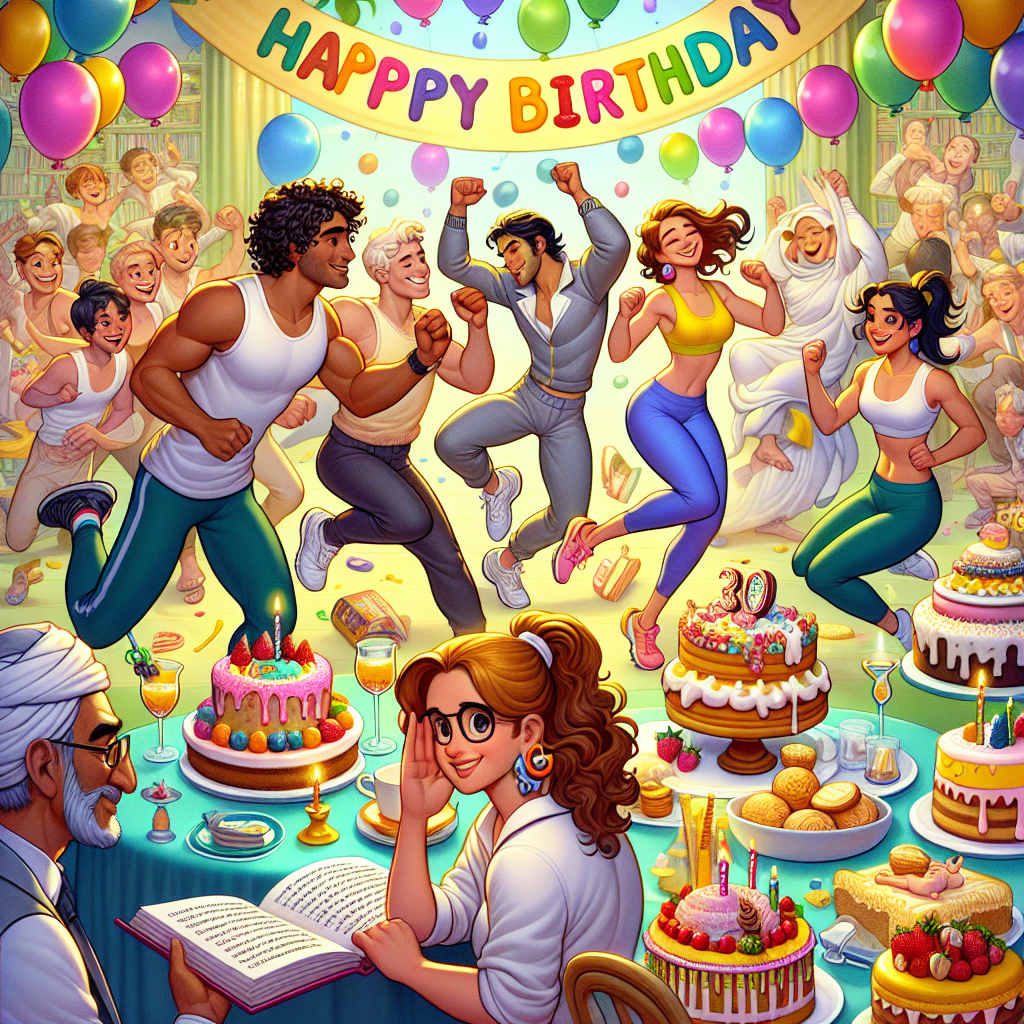 Imagine a vivid cartoon world brimming with birthday cheer. In the midst of the buoyant festivities, a diverse group of animated characters, a Caucasian male with curly hair, an Asian female with a ponytail, and a Black male with a shaved head, energetically partake in a lively fitness dance, their motions filled with pure joy and infectious laughter. Not far from the dancing, a delightfully charming cartoon bakery draws guests closer, showcasing delectable cakes and pastries, each adorned with icing designed like exquisite earrings, a nod to a recurring accessory theme. Nestled comfortably in a snug corner, a Middle-Eastern female character is deeply immersed in an enthralling book, infusing the celebration with an undertone of intellectual curiosity and the joy of reading.
Generated with these themes: Dance fitness, Bakery, Earrings, and Reading.
Made with ❤️ by AI.