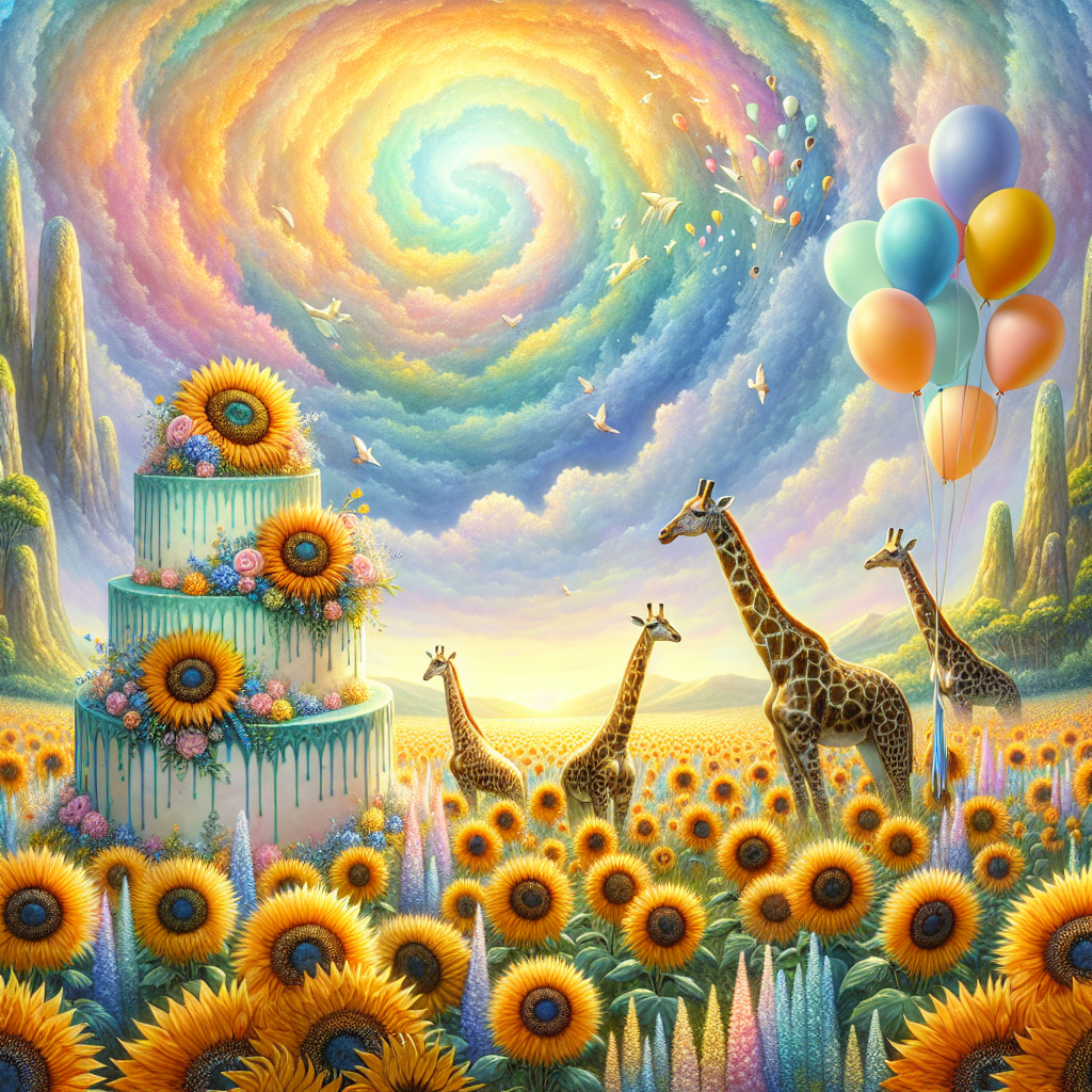Create a fantasy landscape where a magnificent cake stands tall amongst a field of gigantic sunflowers. Giraffes, their necks gently bending, peek out from amidst the flora, their spots reflecting the vibrant hues of orange and yellow seen in the sunflower petals. Above, the sky swirls with pastel hues, a soothing canvas against which balloons sway and bob as though in a pleasant dream. The entire scene is suffused with a warm glow from sunlight filtering through, augmenting the celebratory air of a birthday.
Generated with these themes: Giraffes, and Sunflowers.
Made with ❤️ by AI.