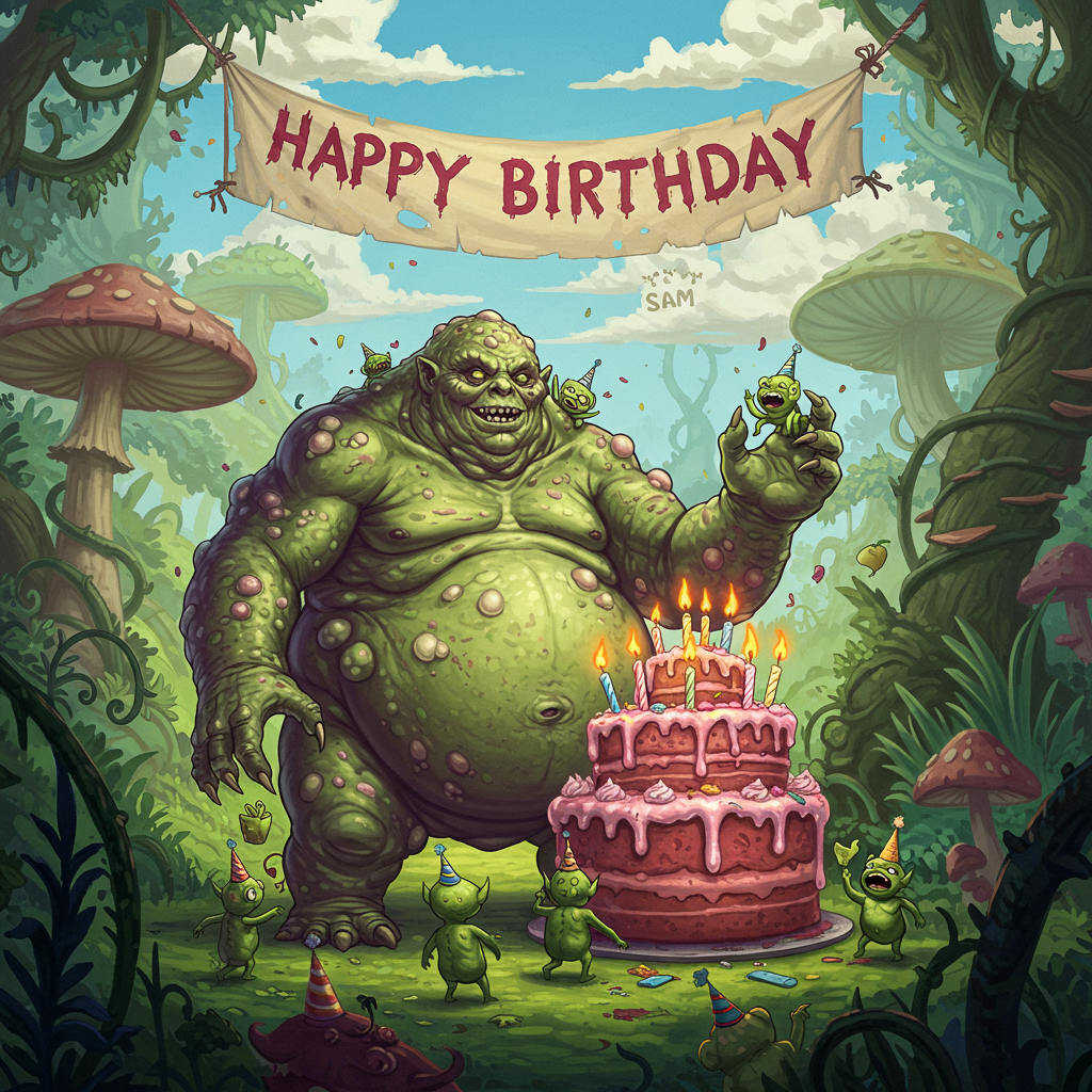 Front and center, a massive, cartoonish Great Unclean One stands, its bloated belly humorously exaggerated. Its face is comically exaggerated, with a lopsided grin and beady, mischievous eyes that seem to follow you. The creature is a vibrant mix of greens and purples, with spots of bright yellow where pustules have humorously popped, reminiscent of a cartoon character caught in an awkward moment.

Surrounding the Great Unclean One are clusters of Nurglings, depicted as impish, giggling little creatures. Their skin is a vivid green, with cheeky, wide-eyed expressions. They are scattered around like confetti, some hanging from the Great Unclean One's arms, others playfully tumbling in the foreground.

In the center of the scene, a whimsical birthday cake towers high with an exaggerated number of candles, each one animatedly flickering with a bright orange flame. The cake is frosted in layers of sickly sweet greens and pinks, with drips of icing that seem to come alive. A swarm of Nurglings climbs the cake, each holding tiny party hats.

In the background, an oversized banner stretches across the sky, its letters whimsically scrawled and wobbling as if alive. The banner reads "Happy Birthday" in big, bold letters, with "Sam" cleverly nestled in the clouds above, written in fluffy, white letters as if it were part of the sky itself.

The setting is a fantastical landscape inspired by a mix of lush cartoon greenery and surreal elements, akin to the dreamscapes of Little Nemo. Oversized mushrooms and twisting, vine-like trees create a playful, otherworldly backdrop. The sky is a whimsical blend of bright blues and purples, dotted with cartoonish clouds and a sun that smiles down on the scene, completing the fantastical birthday tableau.
Generated with these themes: Warhammer, Nurgle, Great unclean one , Nurgling , and Birthday cake .
Made with ❤️ by AI.