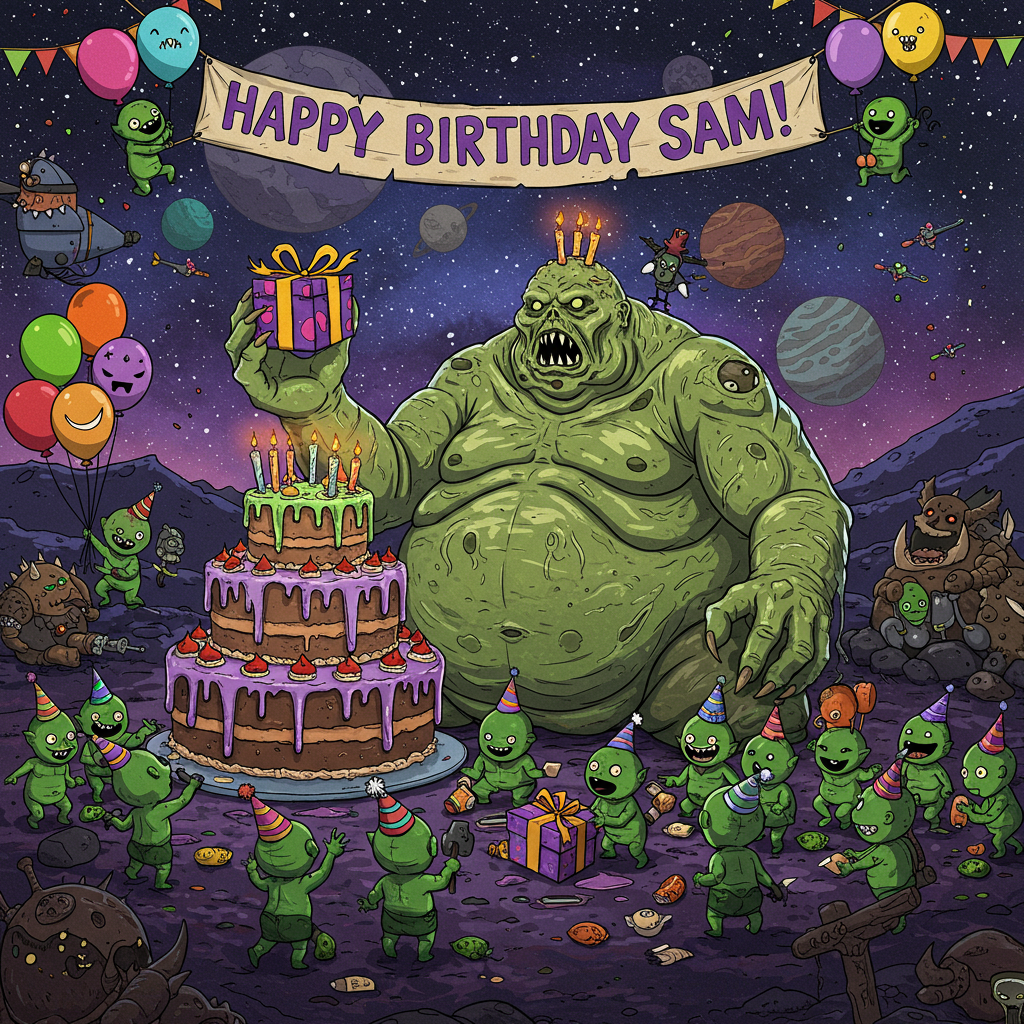 The scene is set in a vibrant, cartoonish landscape with a touch of cosmic whimsy, blending elements of Warhammer’s grim dark universe with a playful birthday celebration. The background is a starry night sky, with exaggeratedly large, round, and colorful planets. A massive, sickly green Great Unclean One stands at the center, its corpulent form rendered with exaggerated folds and bulges, like something out of a comically grotesque dream.

Around this grand creature, a group of mischievous Nurglings frolic. They are tiny, impish figures with cheeky grins, rendered in varying shades of vibrant green, some with tiny party hats precariously perched atop their heads.

In the foreground, a colossal birthday cake towers almost to the Great Unclean One's waist. The cake is an extravagant affair, iced in sickly greens and purples with drizzles of slimy goo that glisten under the starry sky. Candles on top burn with an eerie, yet cartoonishly vivid flame.

The Great Unclean One holds a festively wrapped gift in one hand, its fingers comically large and exaggerated, as if struggling to grasp the small object. The gift wrap is bright purple with yellow polka dots and a comically oversized red bow.

Balloons float nearby, their strings held by jubilant Nurglings, each balloon a vivid shade of neon green or toxic orange. They add a sense of buoyant whimsy, contrasting the grotesque centerpiece.

A colorful banner, held aloft by two jolly Nurglings, stretches across the top of the scene. Written in bold, playful letters, it reads “Happy Birthday Sam!” Each letter is uniquely styled, reflecting the chaotic yet cheerful nature of the gathering.

The style is a blend of Charles Schulz's clean lines, with the expressive exaggerations reminiscent of Bill Watterson’s playful forms. The palette is inspired by R. Crumb’s vibrant underground comix, bringing an unexpected pop to the typically grim Warhammer theme, making it both amusing and visually captivating.
Generated with these themes: Warhammer, Nurgle, Great unclean one , Nurgling , and Birthday cake .
Made with ❤️ by AI.