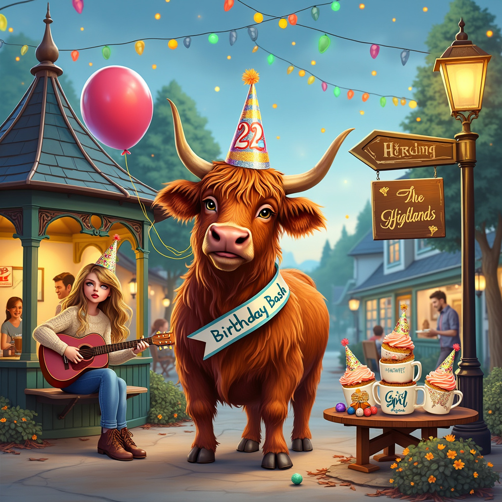 Sure thing! Here's a quirky and detailed scene for your greeting card:

The front cover of the birthday greeting card features a bustling town square that blends the cozy, small-town charm of Stars Hollow from "Gilmore Girls" with a touch of the Scottish Highlands. 

In the center, standing proudly, is a Highland cow with long, wavy reddish-brown fur and impressive curved horns, adorned with a glittery party hat perched jauntily on its head. The cow is holding a colorful birthday balloon in its mouth, and a sash draped over its body reads "Birthday Bash!"

To the left of the cow, we see Taylor Swift, casually dressed in a "Lorelai Gilmore" style outfit—a cozy knit sweater, jeans, and boots—strumming an acoustic guitar while sitting on the iconic Stars Hollow gazebo. Above her, there's a whimsical banner that reads "22" (a nod to her famous song) in bold, sparkly letters, strung between the gazebo's columns.

In the background, Luke's Diner is bustling with activity. Through the windows, you can spot Lorelai and Rory Gilmore sitting at a table, laughing, and clinking oversized coffee mugs that read "Birthday Girl" and "Best Friend." Outside the diner, Kirk is trying to wrangle a few more Highland cows into wearing party hats, adding to the humorous chaos.

Scattered around the town square are various elements tying it all together: colorful streamers hanging from lampposts, a table piled high with birthday cupcakes topped with musical notes and miniature Highland cows, and a signpost showing directions to "Stars Hollow," "The Highlands," and "Swiftieville."

The sky above is a soft twilight, with fairy lights twinkling across the scene, giving it a magical, festive feel. Each detail tells a part of this fun, cross-themed birthday celebration, making it a card to remember.
Generated with these themes: Taylor Swift, Highland cow , and Gilmore girls .
Made with ❤️ by AI.