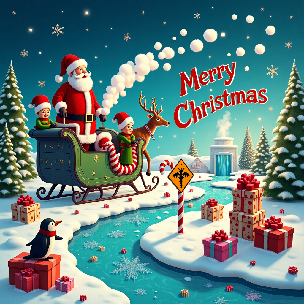 The scene is a bustling, whimsical Christmas wonderland set at the edge of a peculiar landfill, where holiday spirit meets environmental consciousness. In the foreground, Santa Claus, dressed in his classic red suit, stands atop a sleigh that is humorously designed to resemble a giant foam fractionator, complete with a shiny metallic exterior and whimsical soap suds overflowing from its top, cascading like snow onto the ground. Next to Santa, a troop of elves, wearing green outfits with red hats, are cheerfully using colorful, candy-striped hoses to spray out foam bubbles that miraculously spell out "Merry Christmas, Nick Ganzon" in mid-air, the letters floating like festive clouds above the scene.

Behind Santa and the elves, a reindeer munches curiously on a red-and-white striped candy cane that has been whimsically planted in the ground, the design suggestive of a toxic waste sign, yet transformed into a holiday treat. Scattered around are festively wrapped gift boxes made from recycled materials, each box decorated with symbols representing PFAS compounds, cleverly designed as Christmas motifs. One box has a bow in the shape of a snowflake, its intricate lines subtly forming a molecular structure.

To the left, a stream of colorful landfill leachate is creatively depicted as a sparkling, iridescent river, weaving its way through a snowy landscape with an ice-skating penguin perched atop a piece of recycled ice, sporting a jaunty red scarf. This river twists and turns, culminating in a frozen waterfall that flows into the distance, resembling an enchanting frozen castle.

Above this surreal Christmas scene, the sky is a beautiful twilight blue, sprinkled with glimmering stars shaped like tiny recycling symbols, casting a magical glow over this eco-friendly holiday celebration. The entire setting captures the spirit of Christmas while playfully incorporating elements of environmental awareness, creating a unique and entertaining holiday greeting.
Generated with these themes: Foam fractionator, Pfas compounds, Landfill leachate, and .
Made with ❤️ by AI.