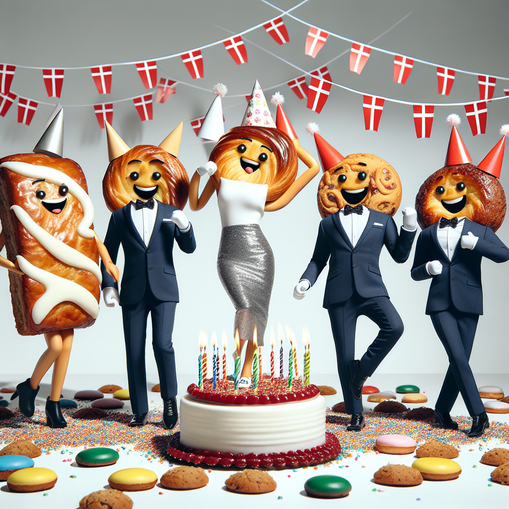 Create a humorous image of Danish pastries personified and clothed in sleek Scandinavian-style outfits, dancing jubilantly to party music. These fashionably dressed pastries are participating in a vibrant birthday party. At the center of the party is a birthday cake whimsically adorned with miniature flags meant to symbolize Denmark. The scene is further characterized by colorful cookie crumbs spread around, adding an extra touch of festive atmosphere.
Generated with these themes: Denmark, Fashion , and Biscuits.
Made with ❤️ by AI.