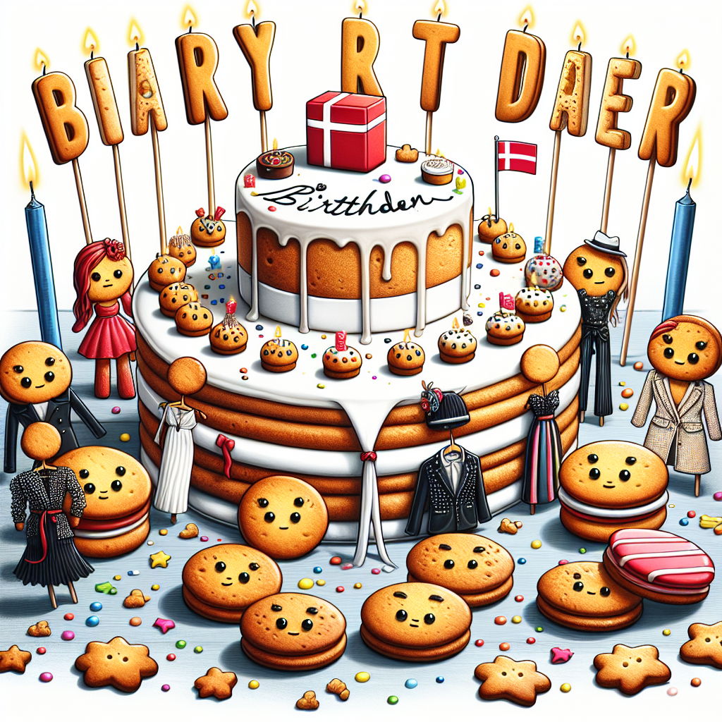An appealing illustration of a birthday celebration rooted in Denmark with a unique style spin. Biscuits personified as fashion enthusiasts, decorated with petite clothing that reflect Danish fashion sophistication, socialize near an sleek, designer birthday cake. The cake is amusingly crowned with candles shaped like biscuits and Danish flags; crumbs that look like confetti bring an enjoyable element to the festivities. The whole scene radiates a humorous appreciation towards Danish culture and fashion-inspired baked goods.
Generated with these themes: Denmark, Fashion , and Biscuits.
Made with ❤️ by AI.
