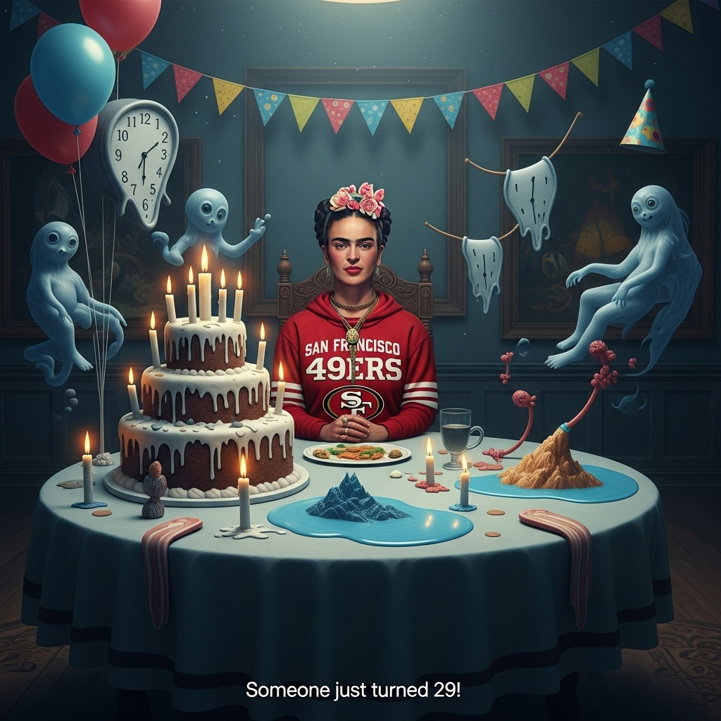 Seance with freida kahlo wearing san francisco 49ers sweatshirt. candles on birthday cake., and Birthday Card
