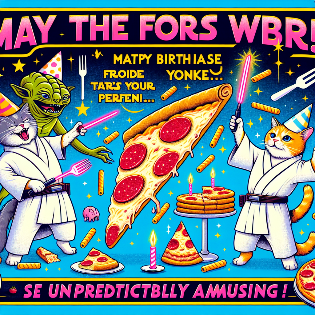 A vibrant vector illustration displays a joyful birthday scenario with cats dressed as creature trainers, playfully throwing round objects topped with pepperoni, as if in an attempt to catch the ultimate slice of pizza trying to disguise as a famous fictional villain. Above, a comical banner pronounces 'May the Forks be with you,' a humorous play on words appealing to food and space-fantasy movie fans. The lighthearted nature is emphasized by culinary jokes sprinkled throughout the project, such as a cat uttering 'This party is unpredictably amusing!' whilst donning a birthday hat.
Generated with these themes: Pepperoni pizza , Darth vader from star wars, Food Puns, Pokemon, and Cats.
Made with ❤️ by AI.