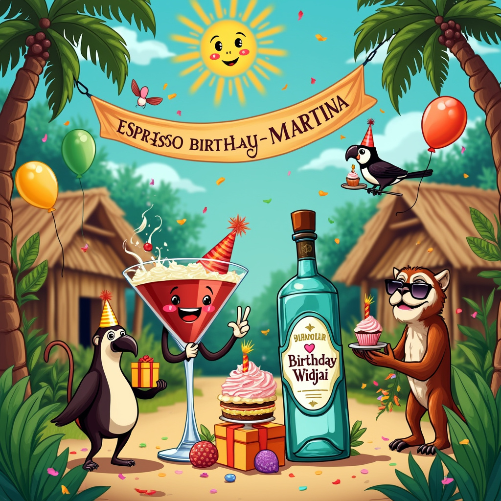 Sure, here's a whimsical and detailed description for a birthday greeting card scene:

---

The scene is set in a bustling, cartoonish Surinamese jungle village, alive with vibrant colors and quirky characters. Imagine the lush, green foliage of Suriname with palm trees, exotic flowers, and traditional thatched huts in the background, their roofs adorned with cheerful birthday banners. 

Front and center is a lively, anthropomorphic Espresso Martini with a big smile and expressive eyes, dressed in a party hat and holding a brightly wrapped gift. This martini glass has legs, wearing polka-dotted socks, and arms waving excitedly.

Next to the Espresso Martini, a charismatic, suave-looking Gin bottle character stands tall, sporting a bow tie and monocle. It’s carrying a tray with a single candle-topped cupcake, ready to join in the celebration. The bottle’s label humorously reads “Gin-tastic!”

Around these central characters, the scene is populated with other festive elements: a toucan with a party horn, a playful monkey hanging from a vine with a streamer, and a parrot perched on a branch, holding a birthday card in its beak that says "Happy Birthday Widjai!"

In the background, under a large, ornate birthday banner that stretches between two tall palm trees, a group of jungle animals including a sloth, a jaguar, and a capybara, are gathered around a table laden with a mix of traditional Surinamese foods and various cocktails. They are all dressed in tiny party hats and are clearly having a great time.

Above all, the sky is a cartoonish cerulean blue with a radiant sun wearing sunglasses, smiling down at the festivities. Balloons of all colors float gently in the air, and confetti is raining down, adding to the celebratory atmosphere.

Every element in this scene is detailed with an endearing, hand-drawn quality reminiscent of the styles of Charles Schulz, Bill Watterson, and Hergé, but with your unique, quirky twist. The card bursts with life and humor, making it a perfect, joyful birthday greeting for Widjai!

---

This scene includes specific, concrete details for the artist to bring to life, ensuring that the themes of Espresso Martini, Gin, and Suriname are uniquely and humorously incorporated into the birthday celebration.
Generated with these themes: Espresso martini, Gin, and Suriname ,HappyBirthday Widjai....
Made with ❤️ by AI.