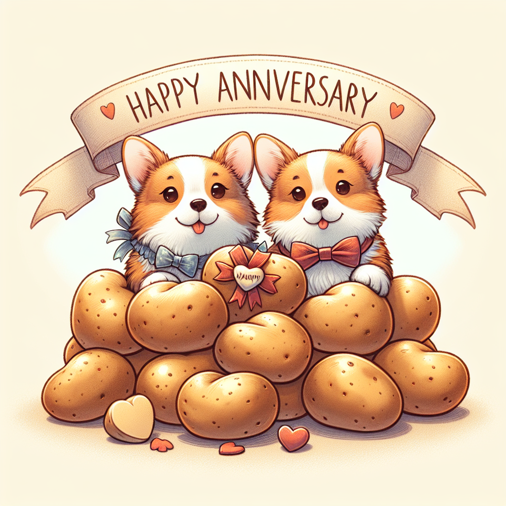 Create a whimsical illustration of an anniversary celebration, featuring two adorable Corgis snuggled next to a heap of heart-shaped potatoes. The background should feature a banner floating freely, with 'Happy Anniversary' elegantly written across it. The Corgis, adding to the adorable charm, should be wearing matching bow ties.
Generated with these themes: Potatoes, and Corgis.
Made with ❤️ by AI.