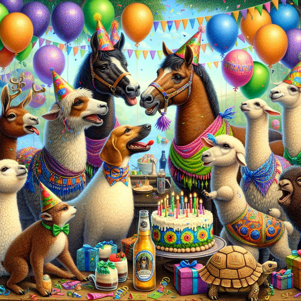 A lively and enchanting birthday party scene is occurring. The main focus of the scene is horses frolicking and nuzzling with dogs, each draped in vibrantly colored streamers. Adjacent to them, a delightful llama, adorning a festive hat, stands next to a table that is overflowing with presents. Nearby, a goat and a sheep, both distinguished by bandanas adorned with a symbol of a popular rock band, are playfully contesting for a gulp of creamy traditional beer. An emu, with its head curiously inclined, is observing a tortoise with a bow tie ambling its way through the crowd that is bustling with balloons and a merrily decorated cake.
Generated with these themes: Horses, dogs, llama , goat, sheep, emu, tortoise, bon jovi  real ale.
Made with ❤️ by AI.