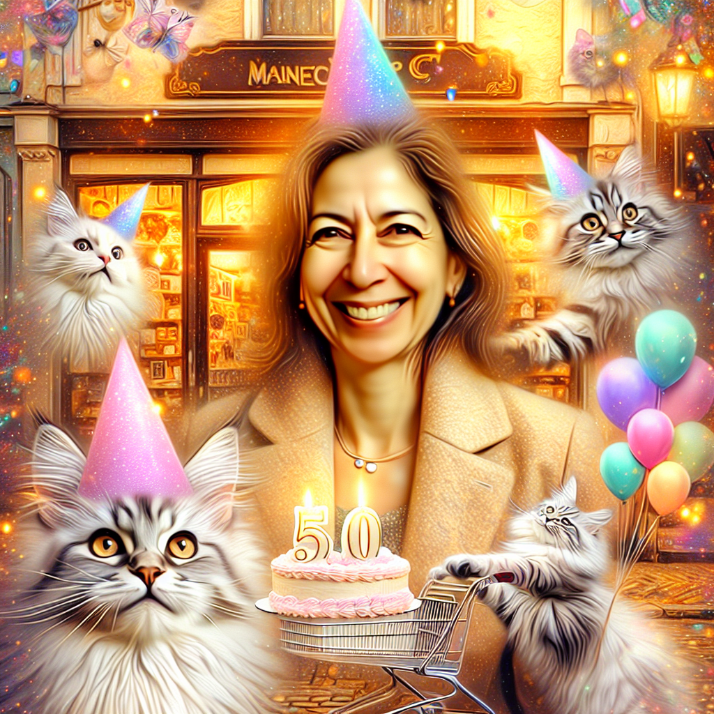 Generate an image illustrating a festive 50th birthday scene for an entrepreneur who is a Hispanic woman. Shrouded in warm, pastel tones, the image places her in the center, her beaming face signifying her business journey. The background embodies a quaint shop, indicative of her entrepreneurial path. Flitting around her are playful Maine Coon cats donning party hats, a few even clutching onto balloons. One cat in particular, is pushing a tiny cart loaded with a birthday cake, mirroring the celebratory theme.
Generated with these themes: Entrepreneur, Maine coon cats, 50th, and "Nena".
Made with ❤️ by AI.